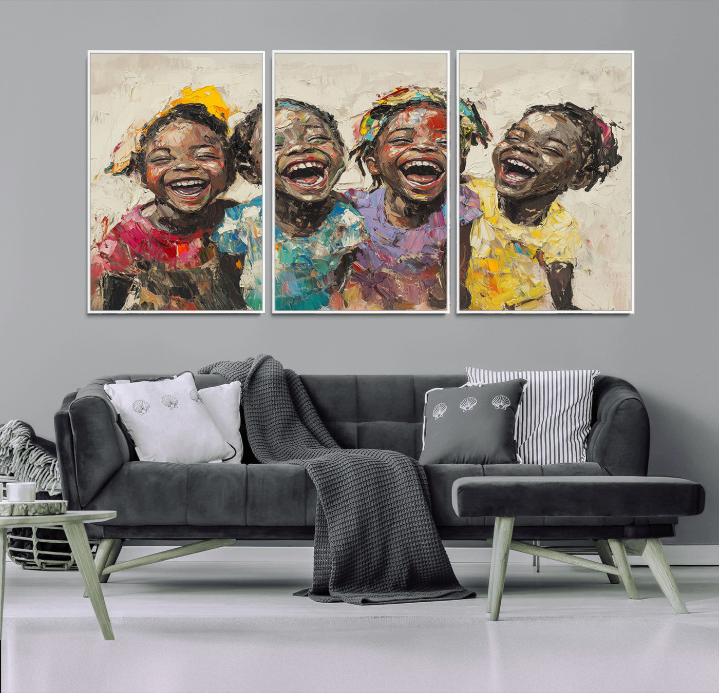 MGV-FC-60X30-3P - Shai Yossef style Joyful Childhood Canvas Wall Art - Expressive Impasto Painting of Black Children