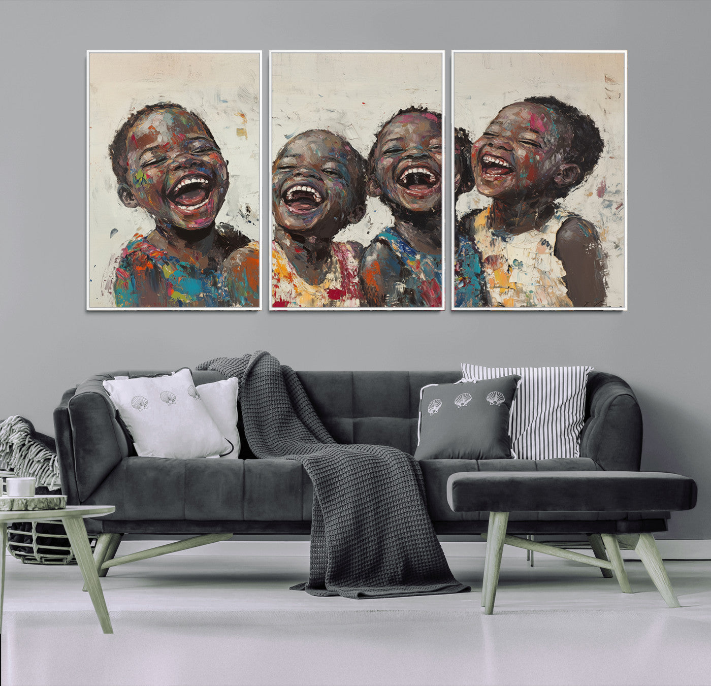 85256-MGV-FC-60X30-3P_White-Shai Yossef Print - Joyful Childhood Canvas Wall Art - Expressive Impasto Painting of Laughing