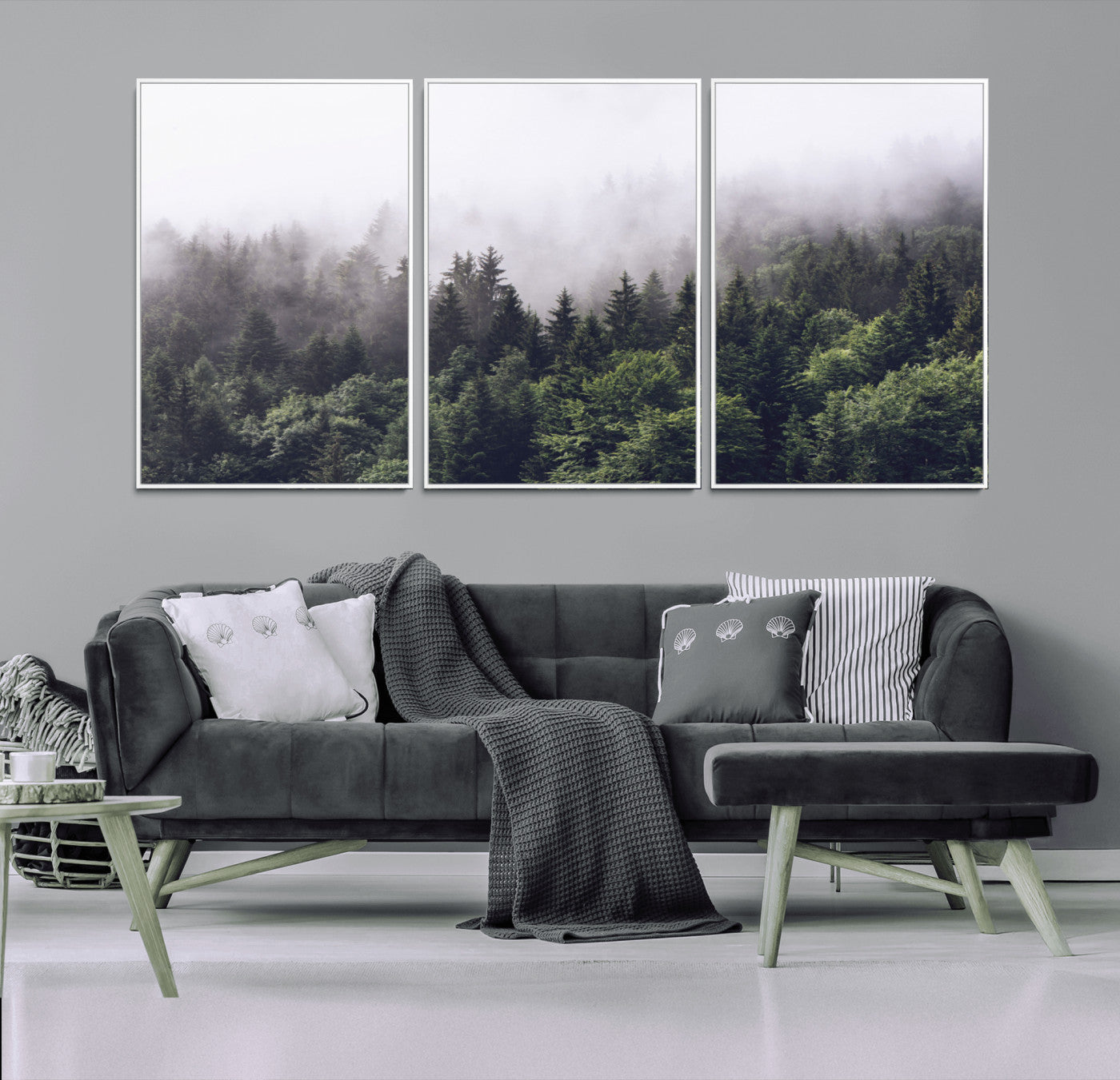 MGV-FC-60X30-3P - Misty Forest Wall Art | Foggy Forest Canvas Print | Large Nature-Inspired Misty Tree Landscape for