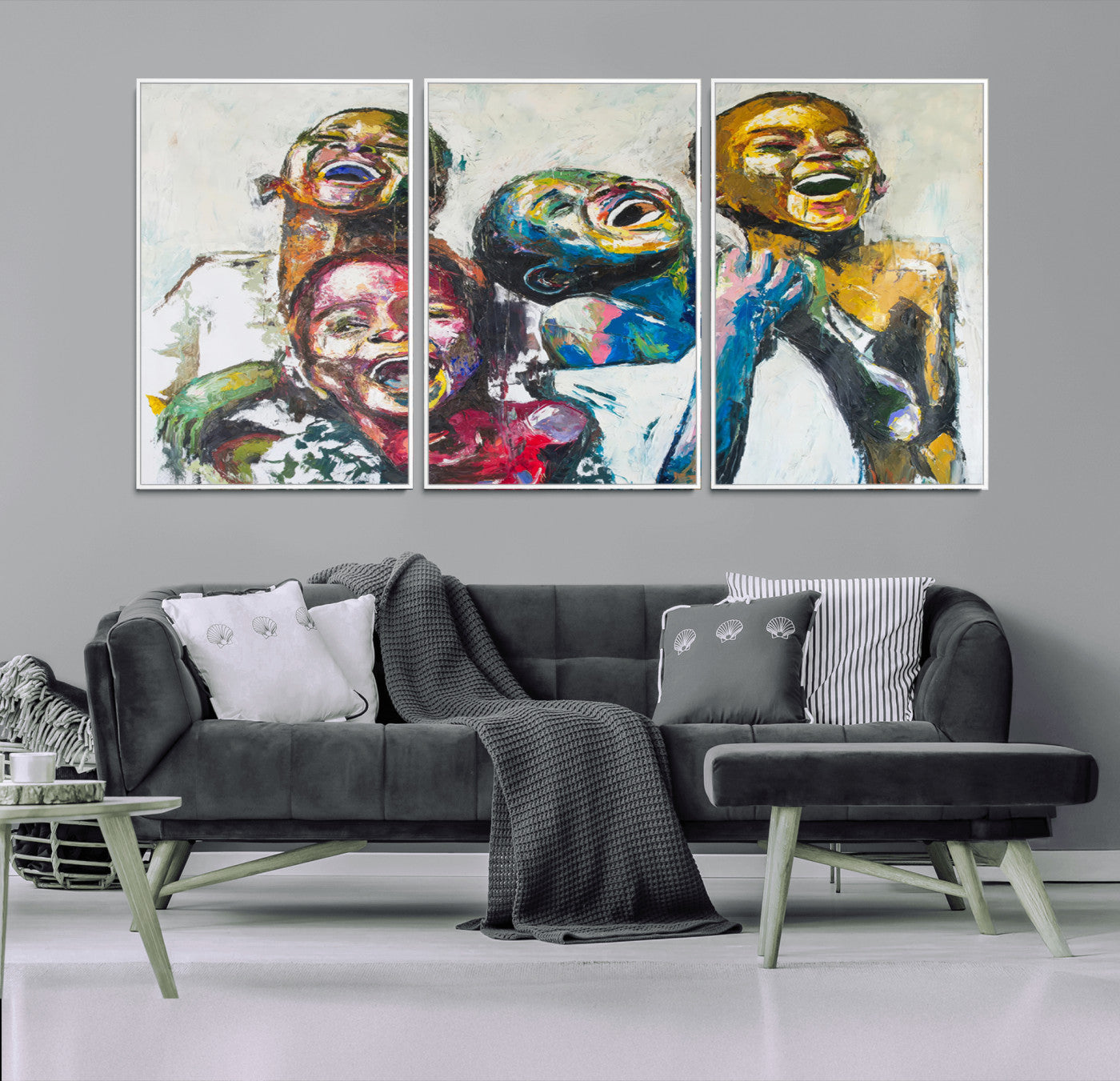 MGV-FC-60X30-3P - Shai Yossef Style Canvas Art - Joyful African Black Kids Impasto Painting with Vibrant Brushstrokes,