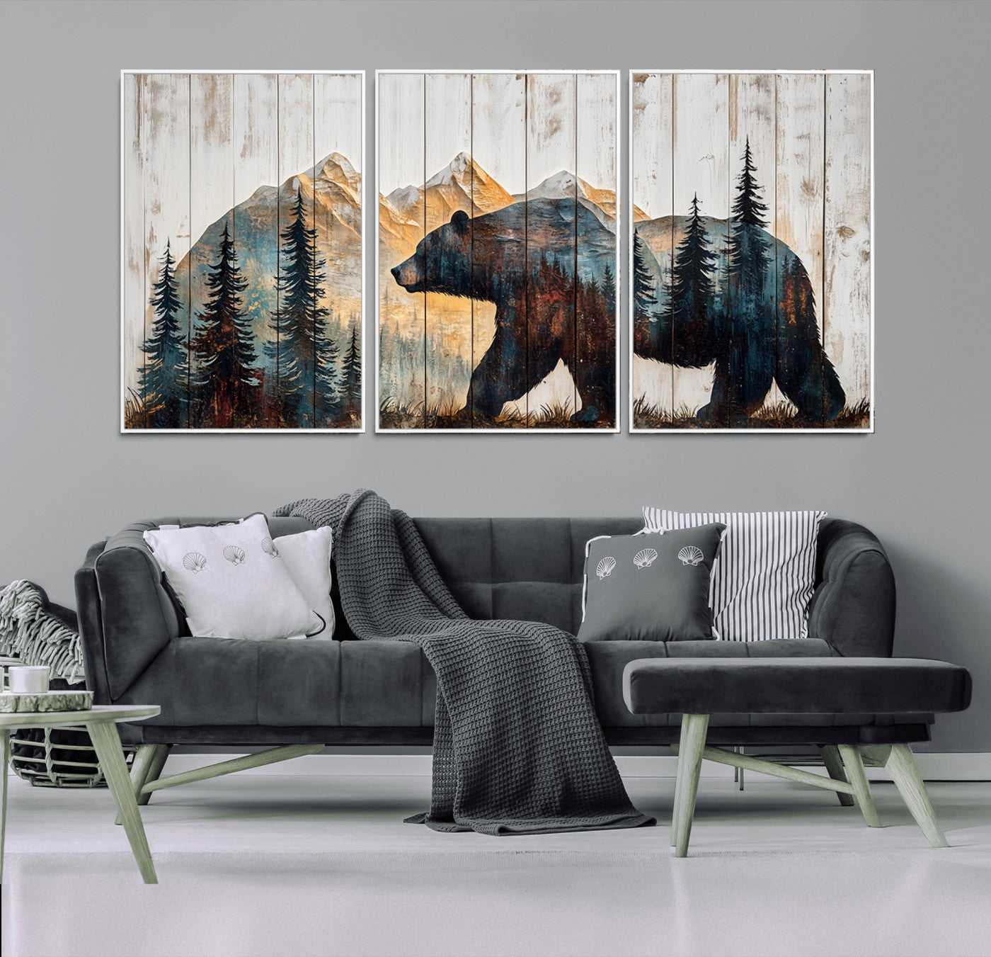 MGV-FC-60X30-3P - Rustic Bear Wall Art - Grizzly 399 Bear Wall Art - Mountain Wood Canvas Wall Art - Nature Theme