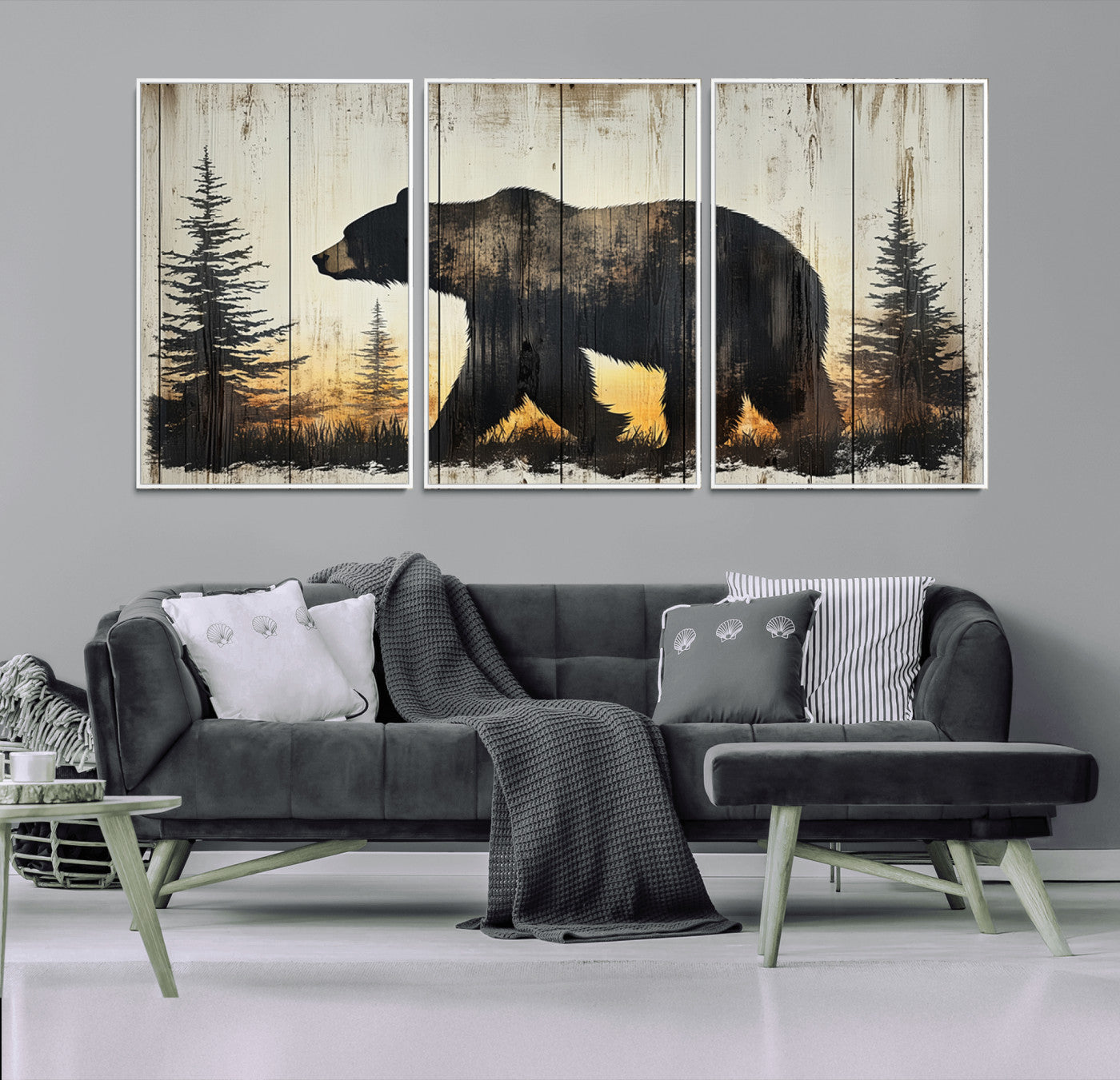 MGV-FC-60X30-3P - Vintage Bear Wall Art Canvas Print for Farmhouse - Mountain Wood Canvas Wall Art - Forest Silhouette