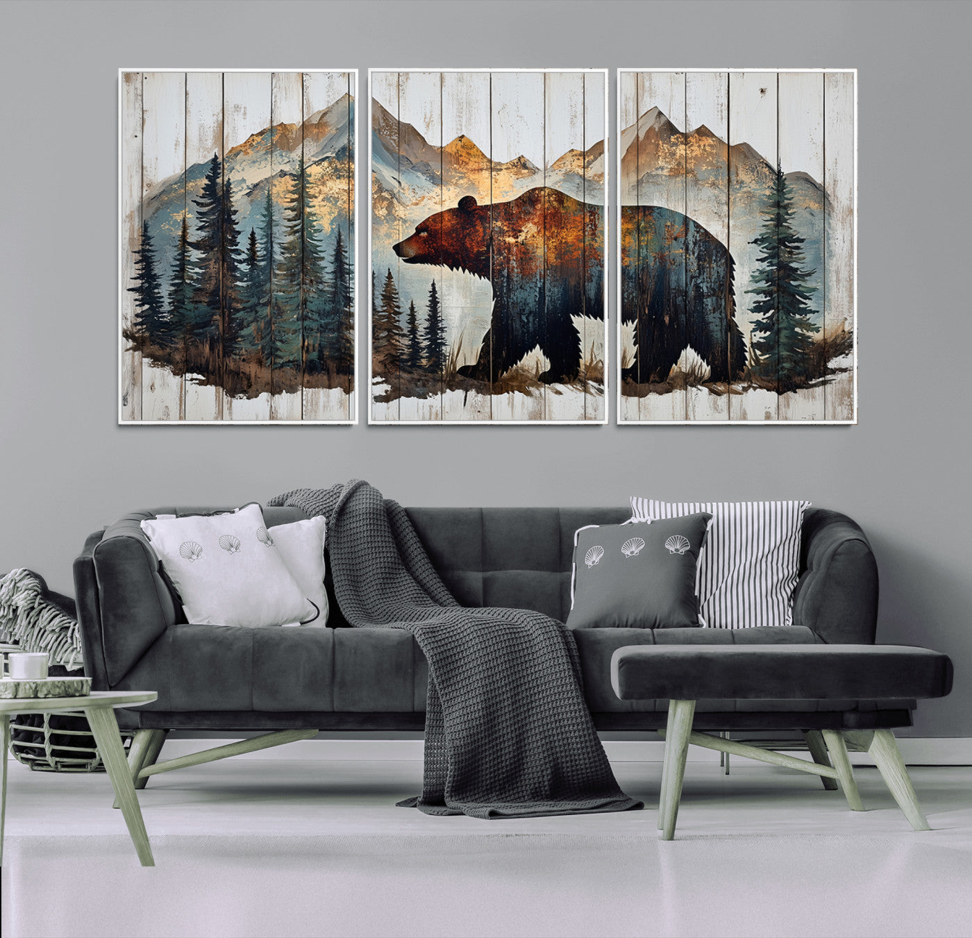 55777-MGV-CV-36X24-Rustic Grizzly 399 Bear and Mountain Wood Canvas Wall Art - Framed Nature Artwork with Forest