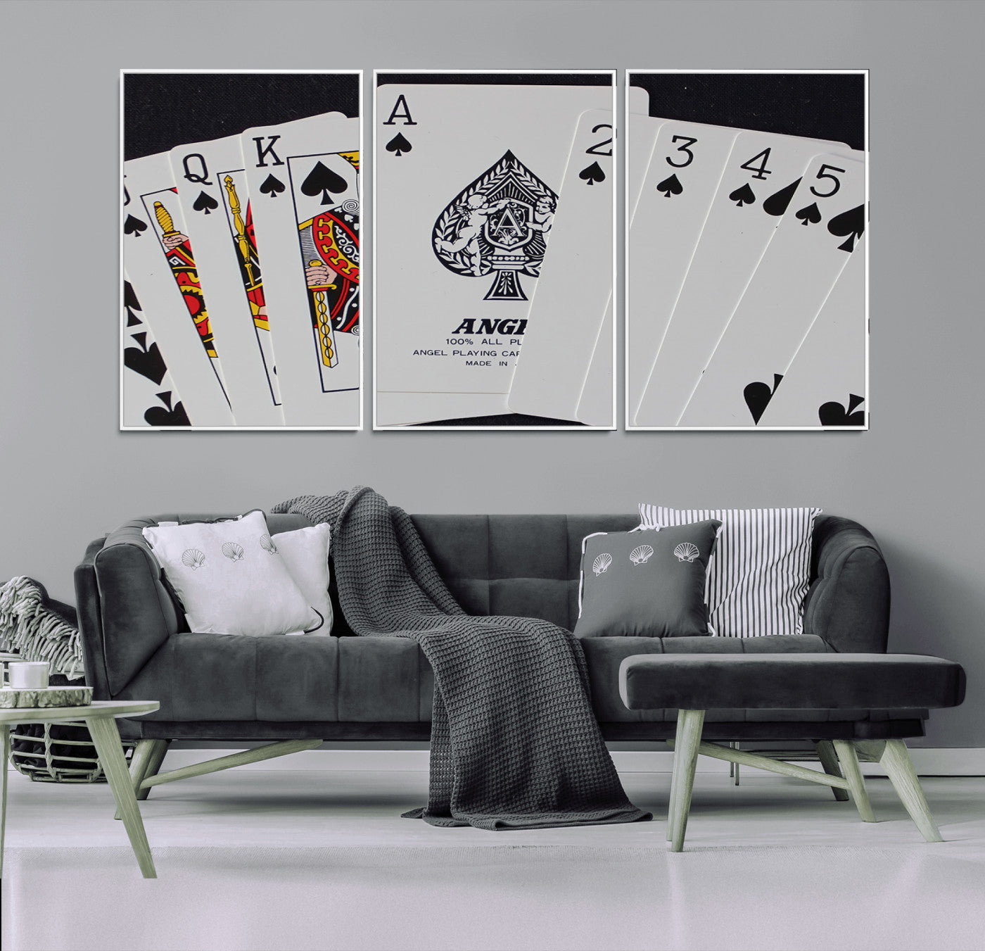 56787-MGV-FC-60X30-3P_White-Poker Wall Art - Playing Cards Canvas Wall Art Print - Ace of Spades and Royal Flush Design, Perfect