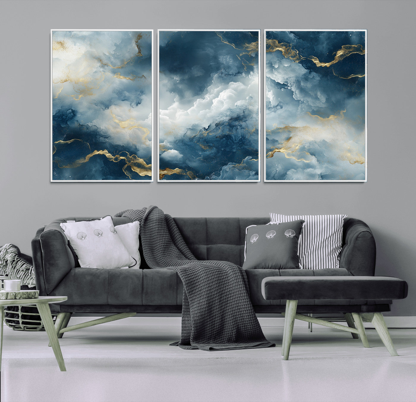 MGV-FC-60X30-3P - Large Abstract Print - Luxe Blue and Gold Abstract Canvas Wall Art - Bold Cloudscape Canvas for