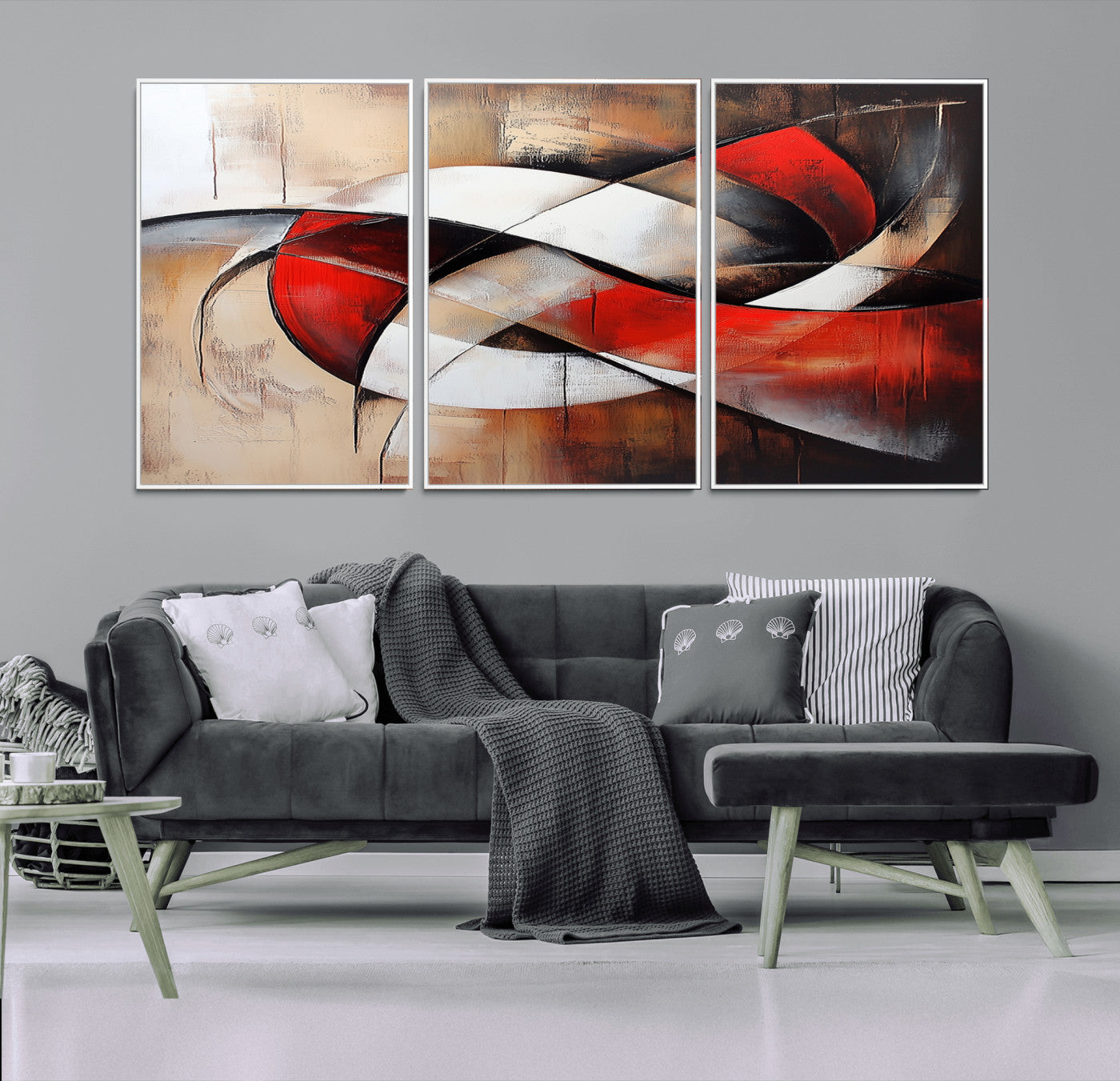 MGV-FC-60X30-3P - Abstract Wall Art - Modern Red and White Canvas Wall Art Print - Bold Geometric Abstract Canvas for