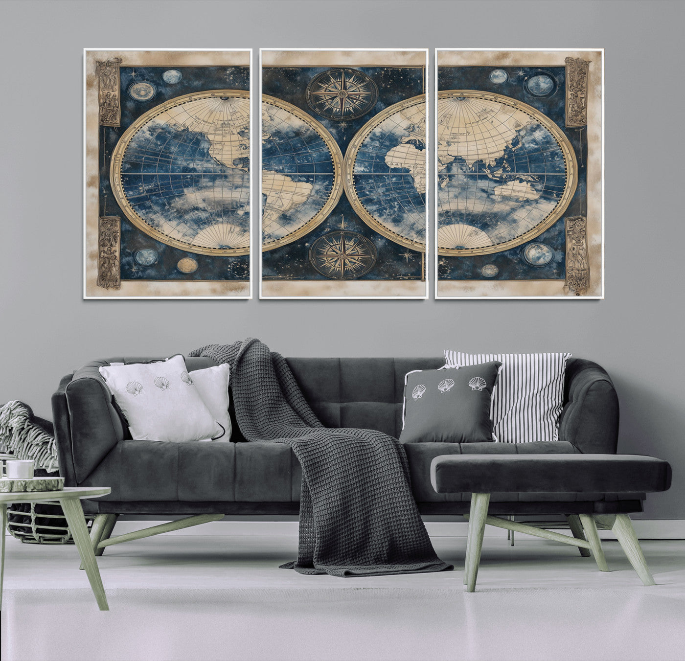 46473-MGV-CV-36X24-Framed Vintage Blue World Map Canvas Print – Antique Double Hemisphere Wall Art for Home and Office Decor, Classic Explorer Map Artwork