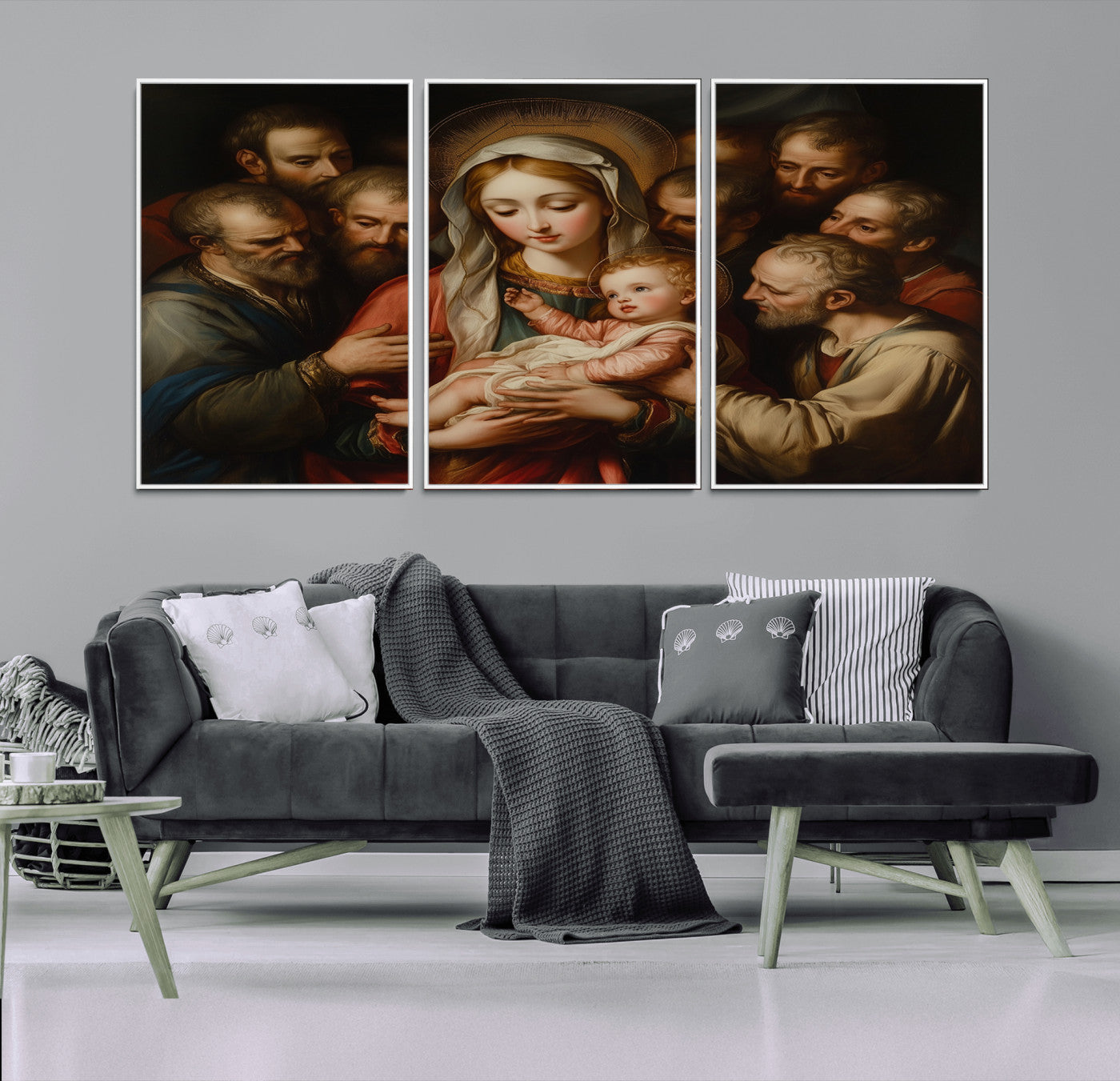 MGV-FC-60X30-3P - Religious Canvas Wall Art Print - Madonna and Child with Apostles Art Print - Classic Christian