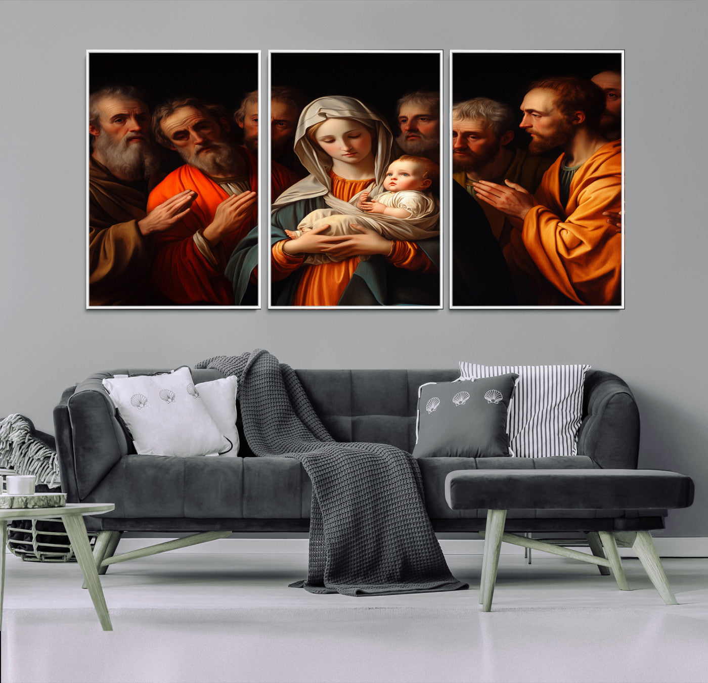 MGV-FC-60X30-3P - Religious Canvas Wall Art Print - Madonna and Child with Apostles Art Print - Classic Christian