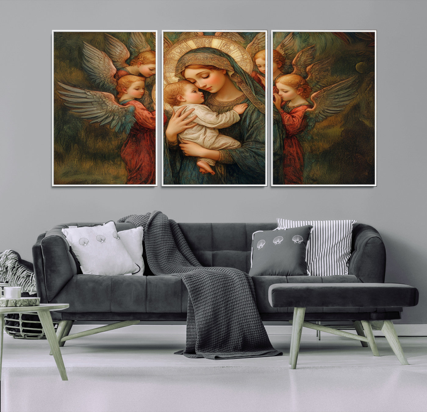 MGV-FC-60X30-3P - Mary Jesus Canvas Wall Art Print - Madonna and Child with Angels Art Print - Classic Christian