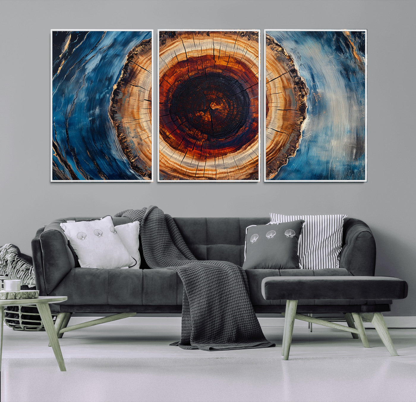 MGV-FC-60X30-3P - Framed Abstract Tree Ring Wall Art Print, Natural Rustic Wood Texture Canvas Print, Wood Tree Stump