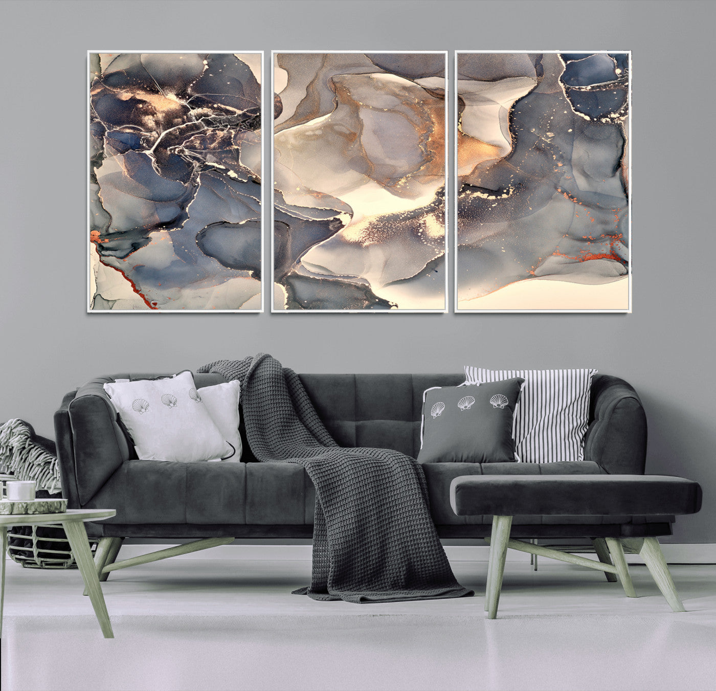MGV-FC-60X30-3P - Abstract Blue and Gold Wall Art - Fluid Ink Artwork - Modern Luxury Wall Decor for Contemporary