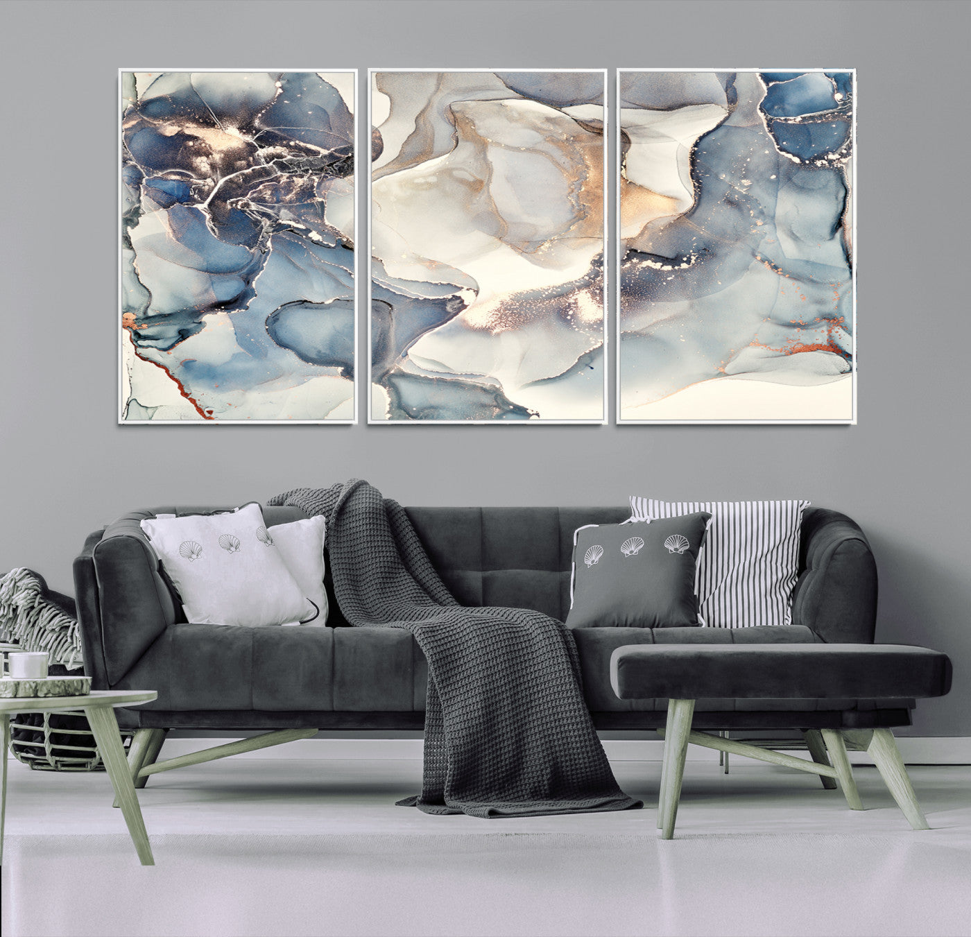 MGV-FC-60X30-3P - Abstract Blue and Gold Canvas Wall Art - Fluid Modern Ink Artwork - Modern Luxury Wall Decor for