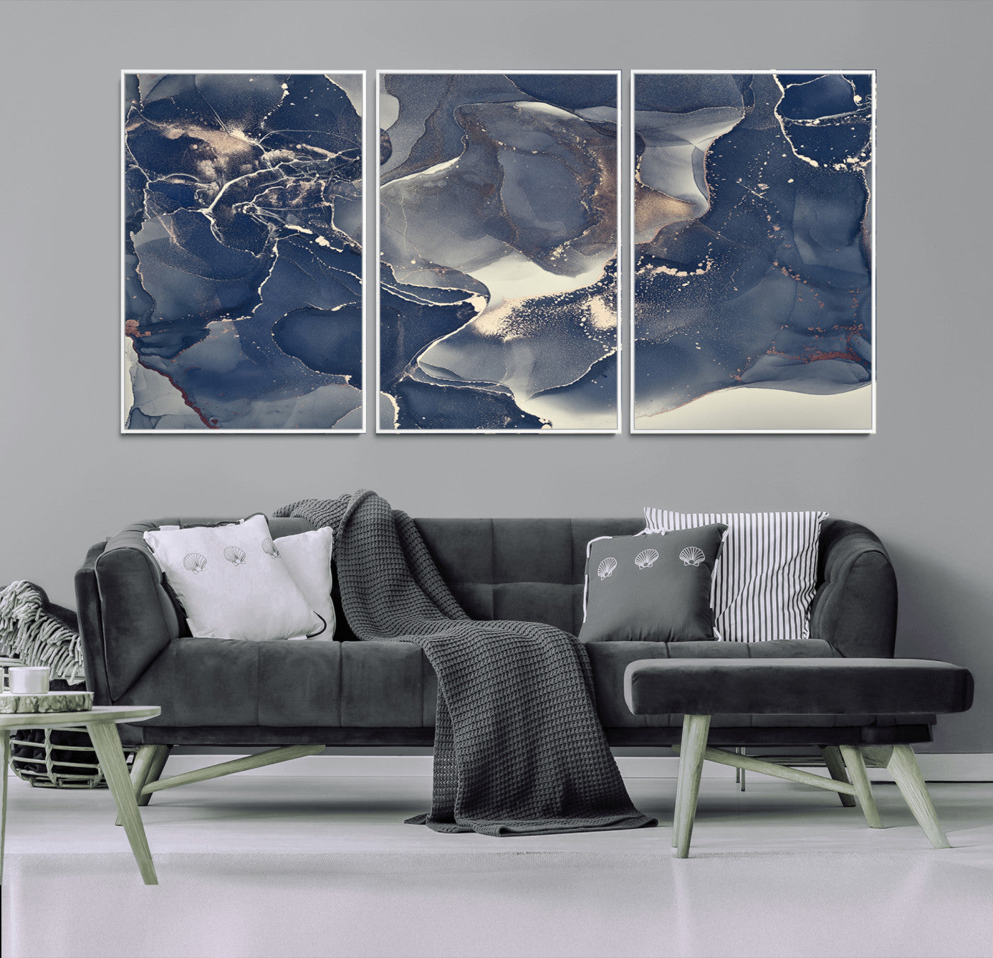 MGV-FC-60X30-3P - Large Abstract Blue and Gold Canvas Wall Art | Fluid Ink Artwork Print | Luxury Wall Decor for