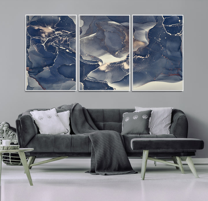 Large Abstract Blue and Gold Canvas Wall Art | Fluid Ink Artwork Print | Luxury Wall Decor for Contemporary Interiors | Framed Ready to Hang