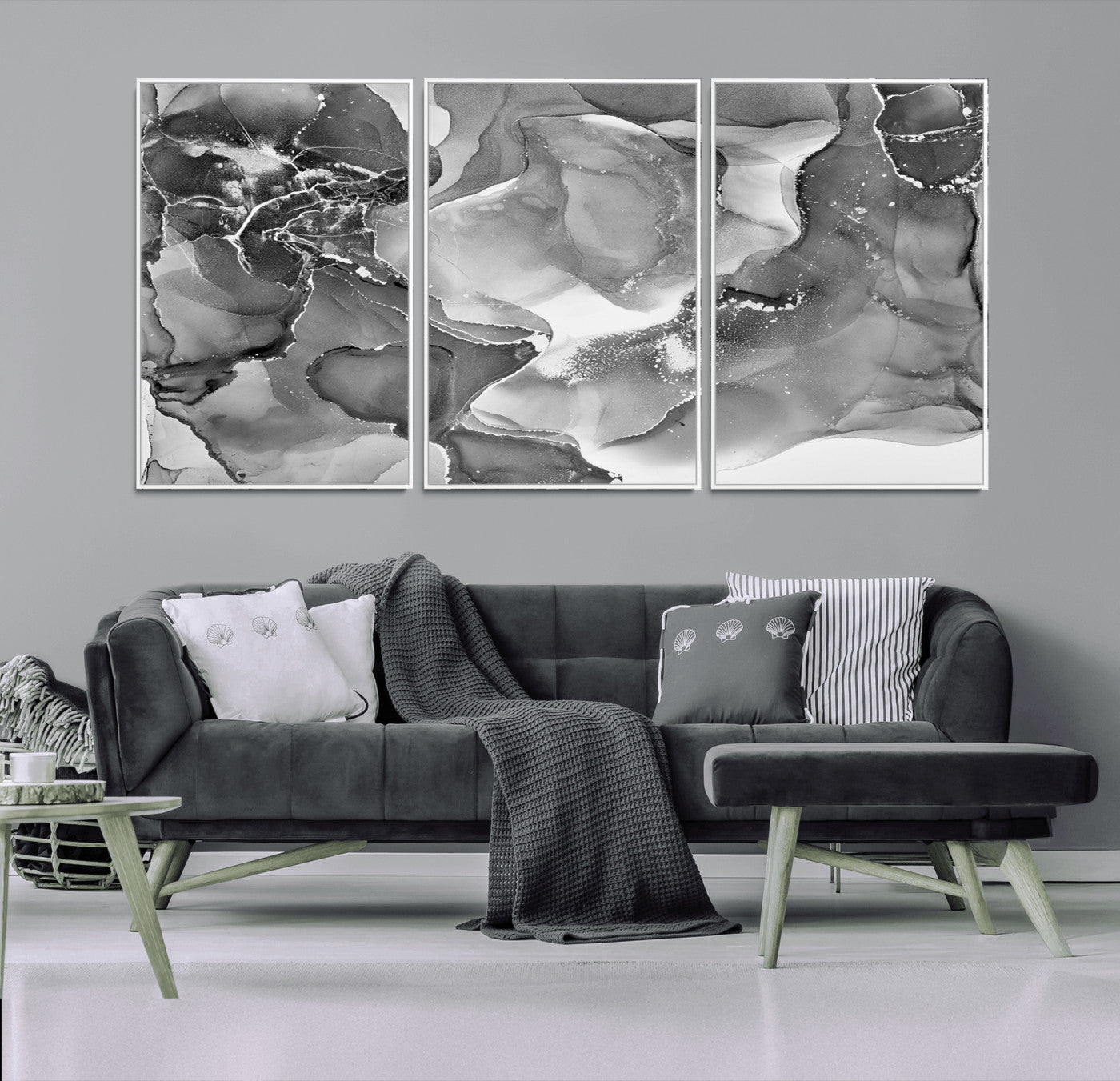 MGV-FC-60X30-3P - Black White Abstract Canvas Wall Art - Fluid Ink Artwork - Modern Luxury Wall Decor for Contemporary
