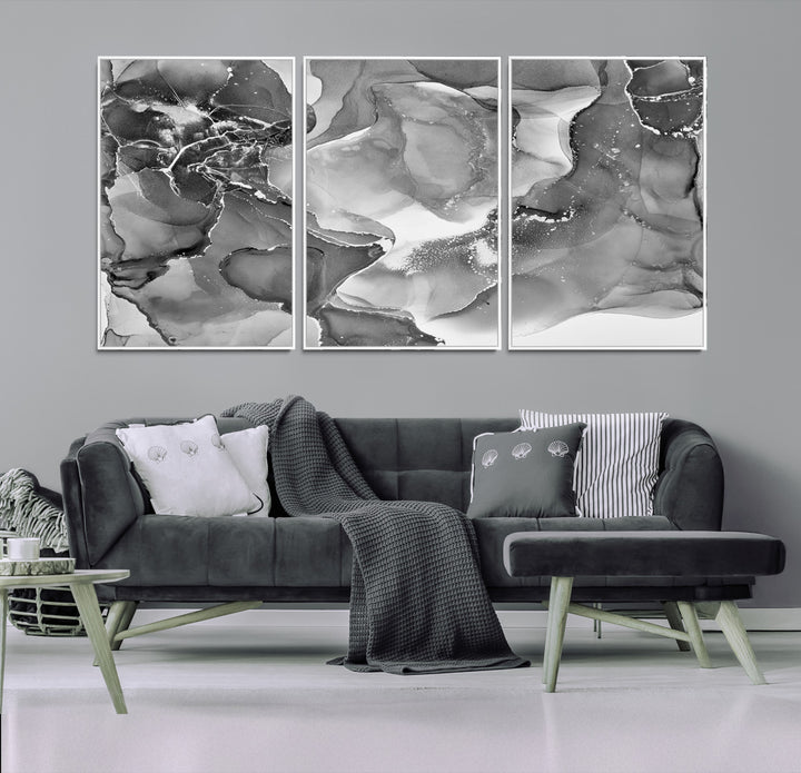 Black White Abstract Canvas Wall Art - Fluid Ink Artwork - Modern Luxury Wall Decor for Contemporary Interiors