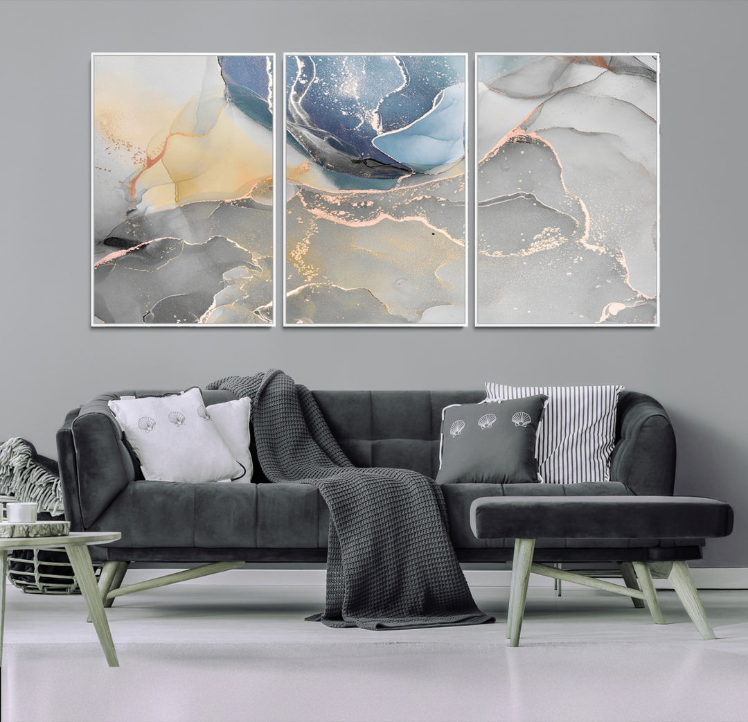 Large Abstract Blue and Gold Canvas Wall Art | Fluid Ink Artwork Print | Luxury Wall Decor for Contemporary Interiors | Framed Blue and Gold
