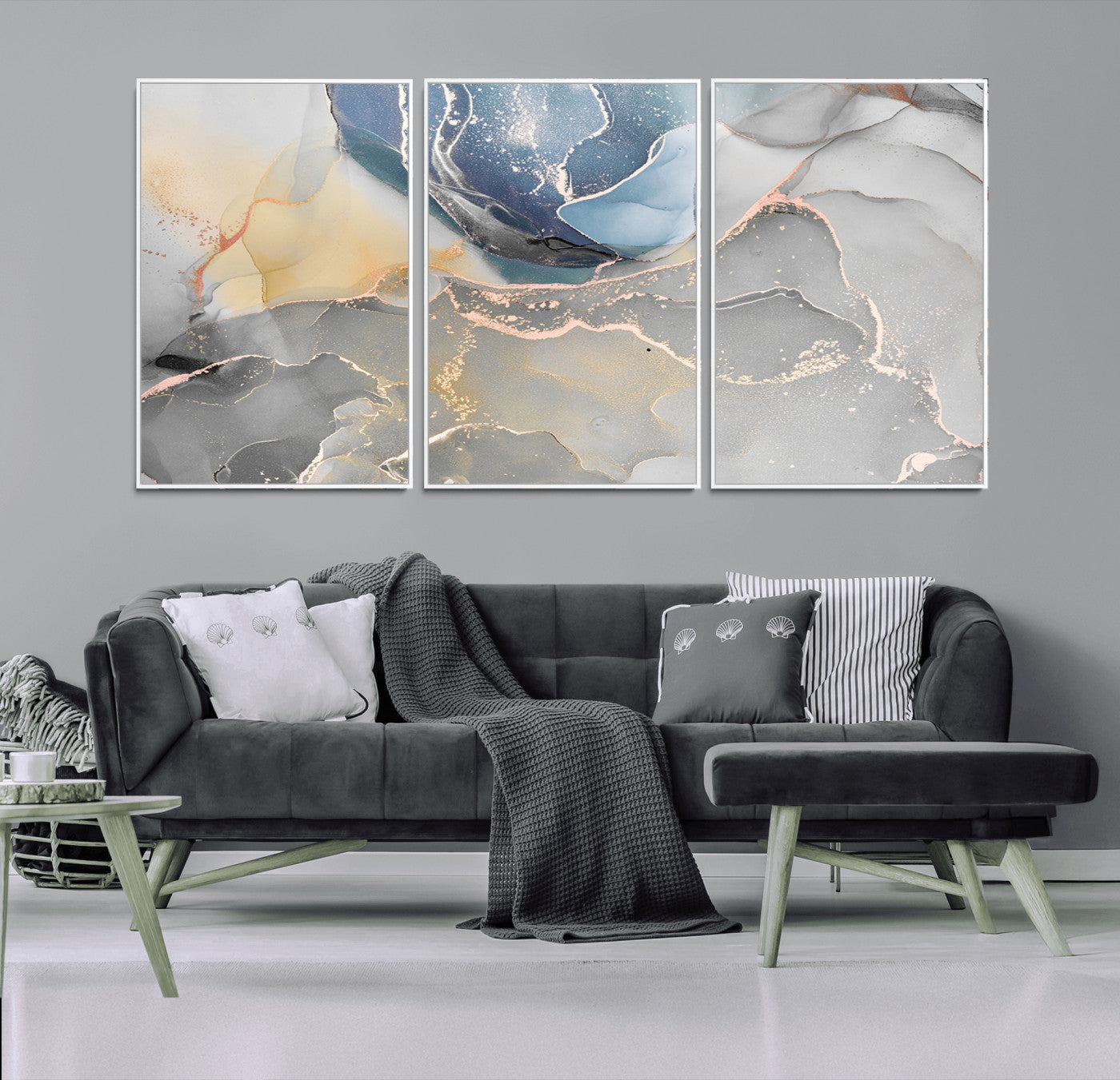 MGV-FC-60X30-3P - Large Abstract Blue and Gold Canvas Wall Art | Fluid Ink Artwork Print | Luxury Wall Decor for