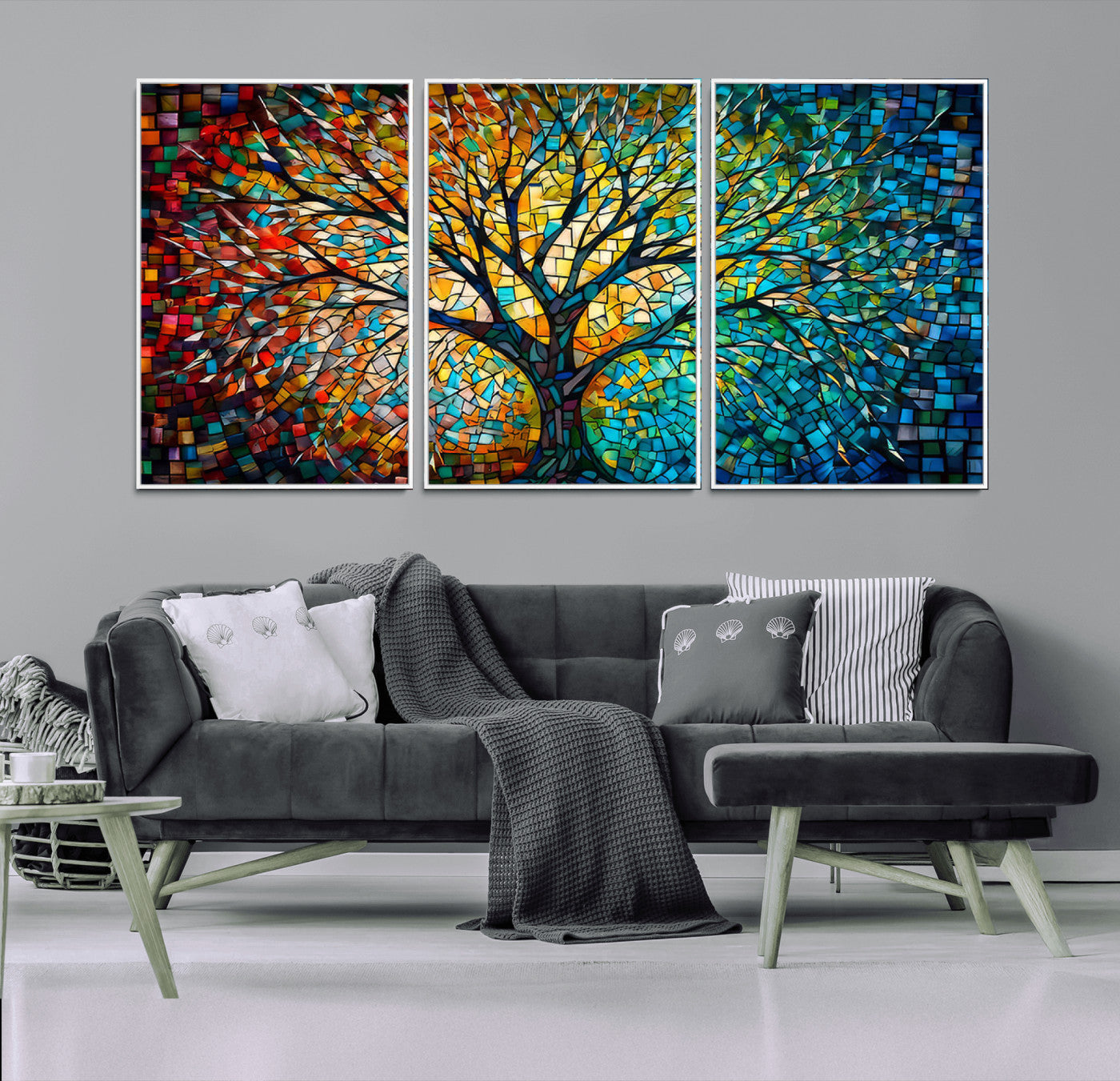 MGV-FC-60X30-3P - Yggdrasil Tree of Life Wall Art Print Canvas | Mosaic Style 3-Panel Canvas Print