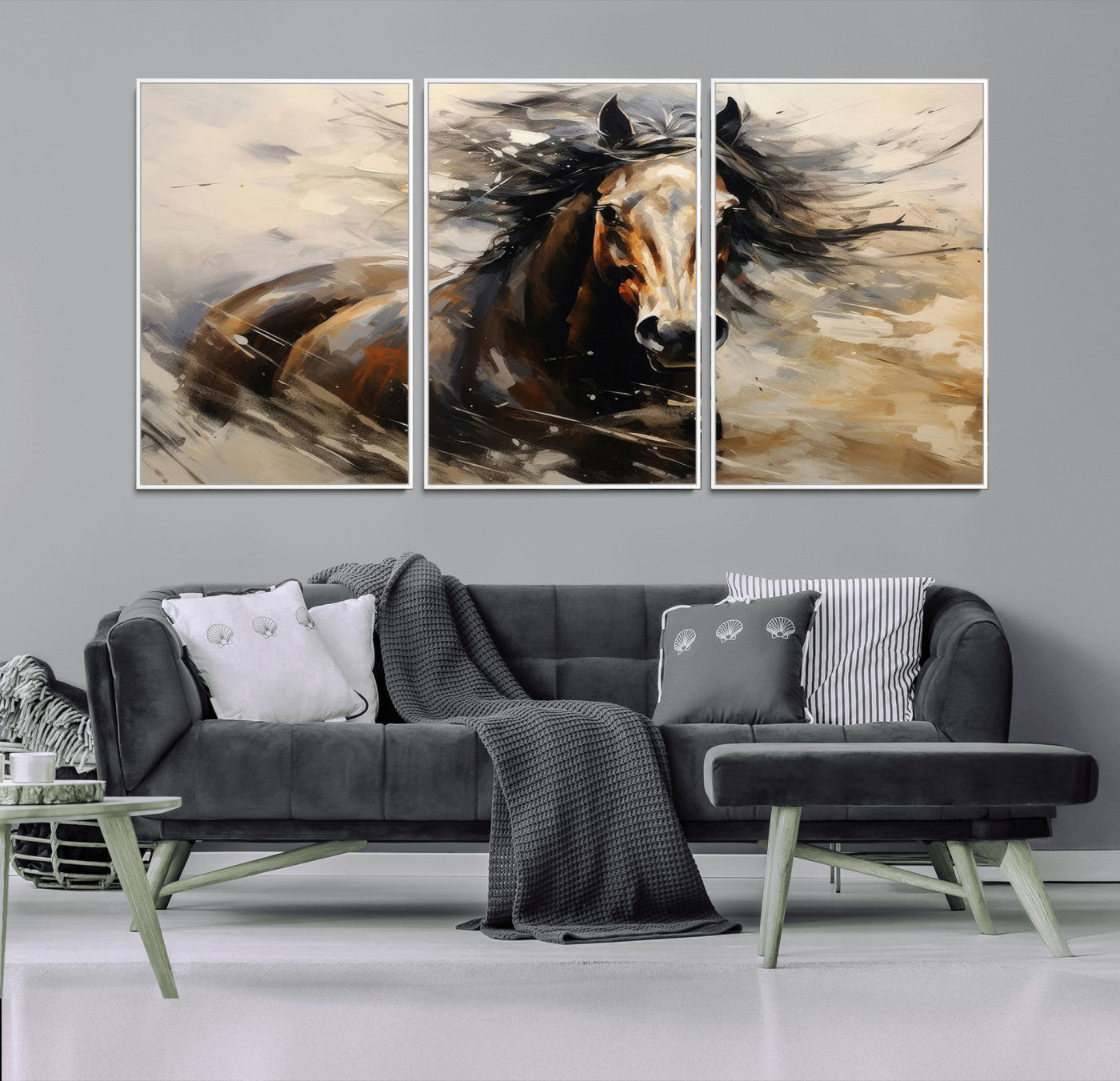 MGV-FC-60X30-3P - Abstract Wall Art Horse Print - Large Western Horse Canvas - Farmhouse Woodland Wall Art - Framed
