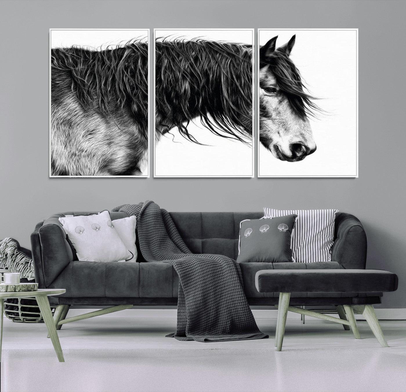 MGV-FC-60X30-3P - Black Horse Wall Art Canvas Print for Farmhouse Decor and Woodland Decoration
