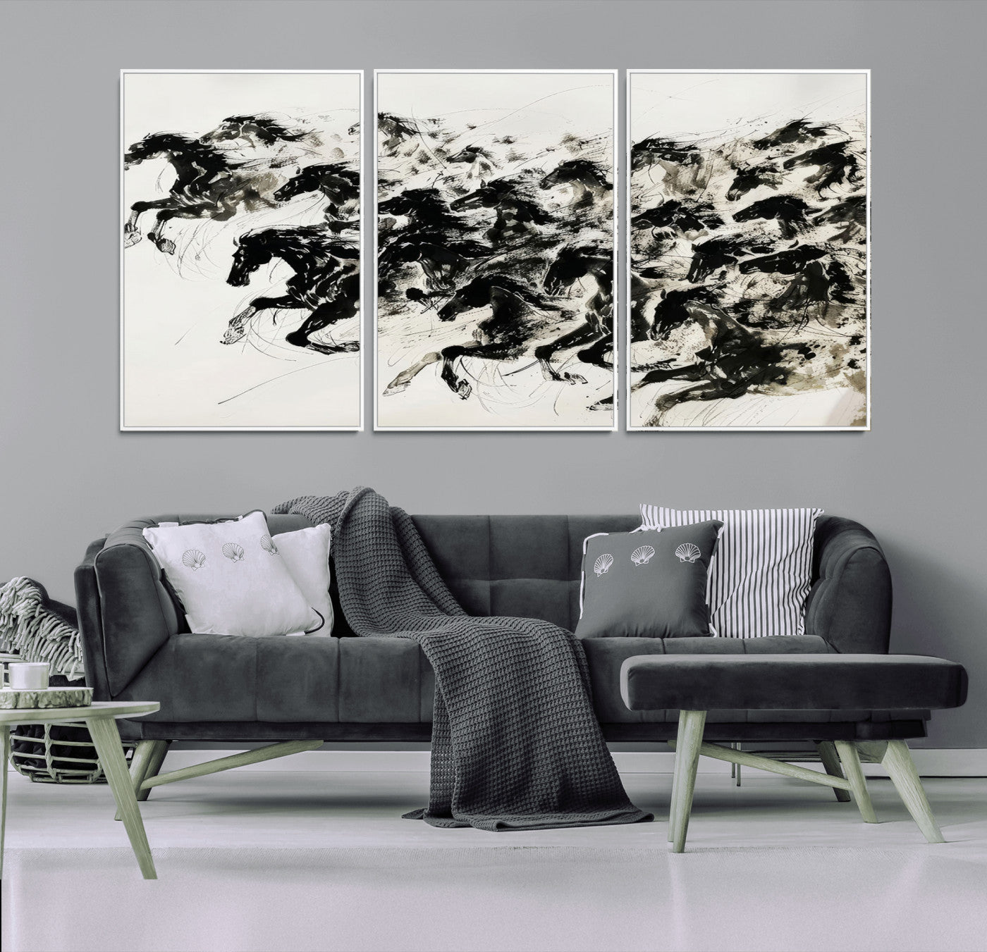 MGV-FC-60X30-3P - Abstract Horse Wall Art Canvas Print - Dynamic Black Ink Horse Print - Modern Equine Wall Decor for