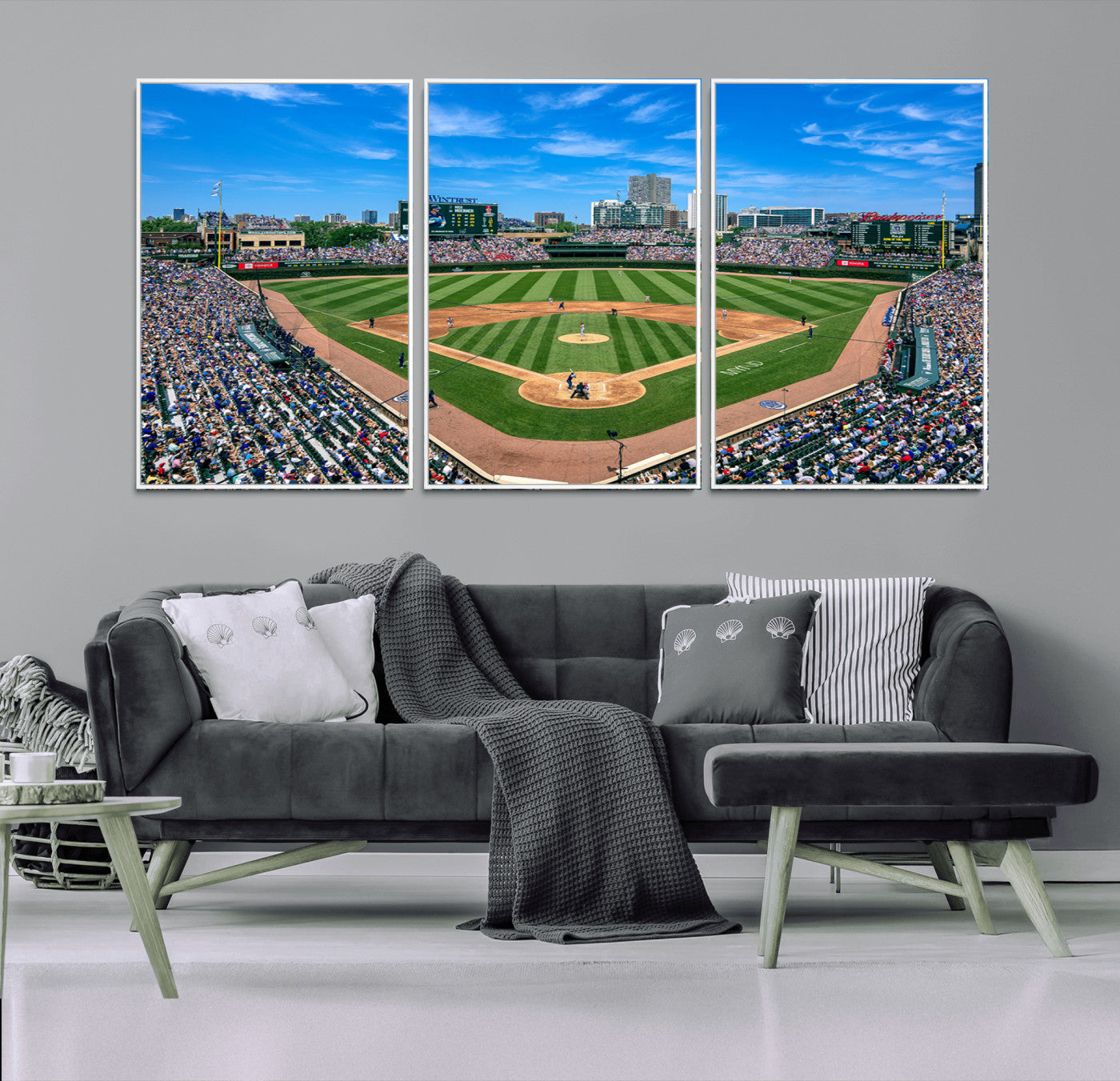 26064-MGV-FC-60X30-3P_White-Framed Wrigley Field Chicago Cubs Print, Panoramic Multi Piece Canvas Wall Art - Iconic Baseball Stadium Print for Sports Lovers - Ready to