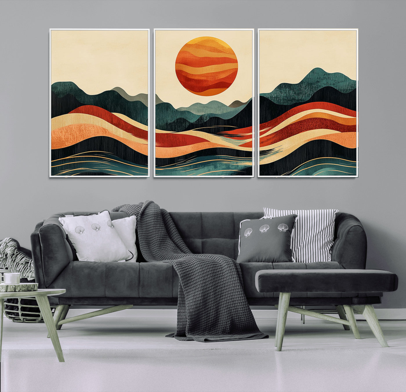 MGV-FC-60X30-3P - Mountain Triptych Wall Art - Western Nature Prints - Framed Boho Pine Tree Canvas for Log Cabin or