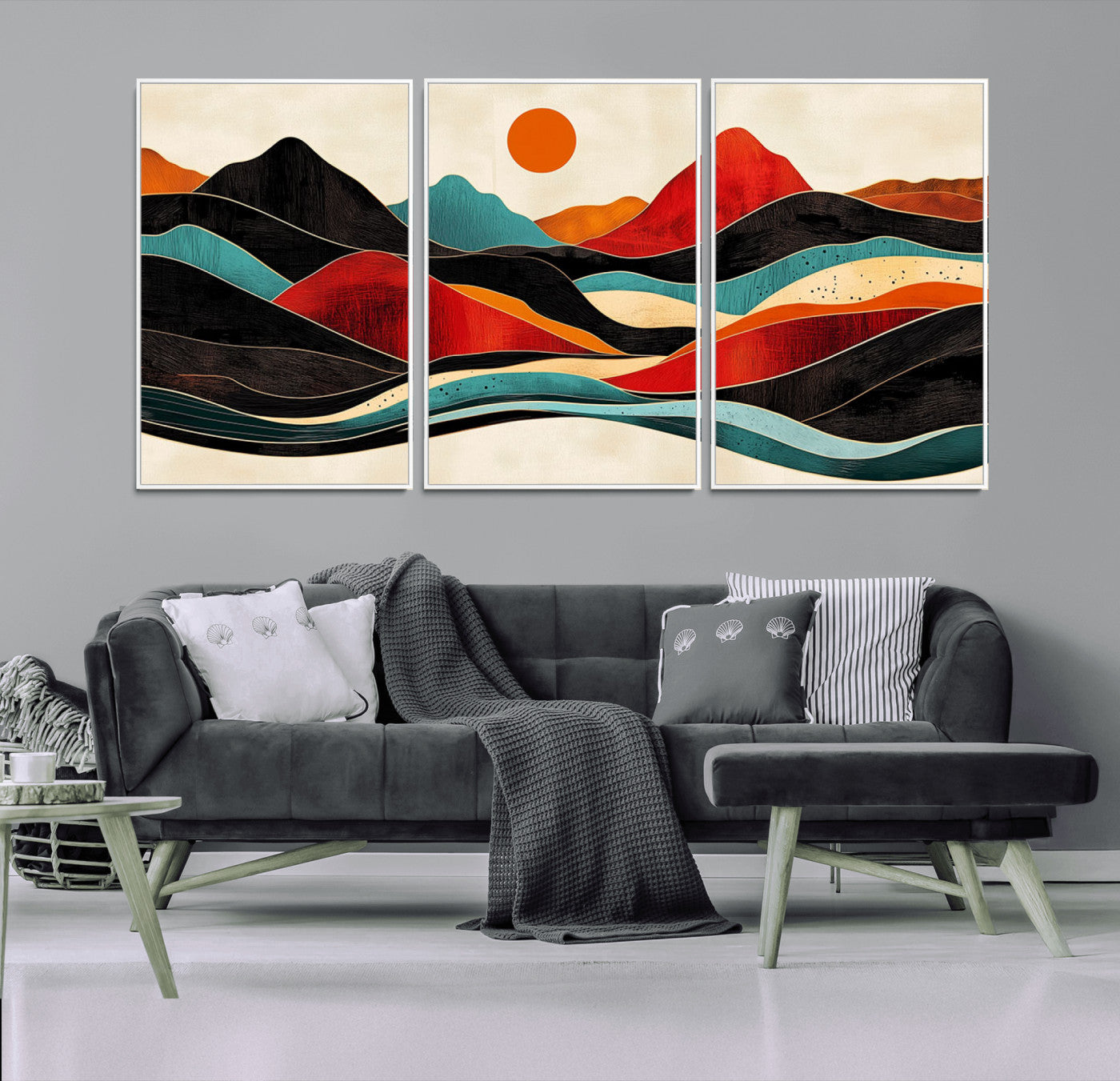 MGV-FC-60X30-3P - Western Wall Decor - Large Triptych Mountain Canvas - Boho Woodland Wall Art Print - Framed