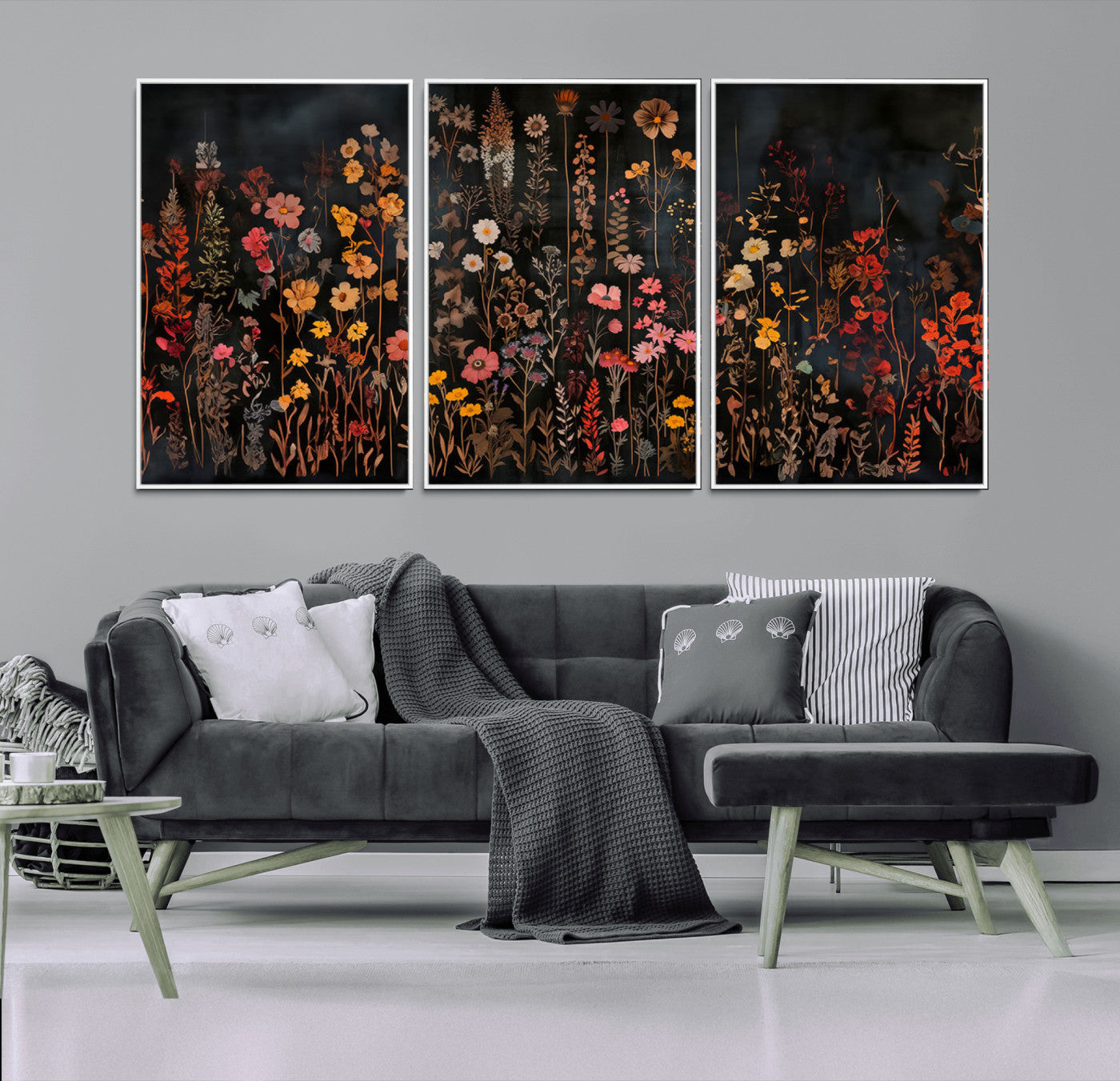 MGV-FC-60X30-3P - Dark Floral Canvas Wall Art - Moody Botanical Flower Print - Rustic Floral Wall Decor for Home -