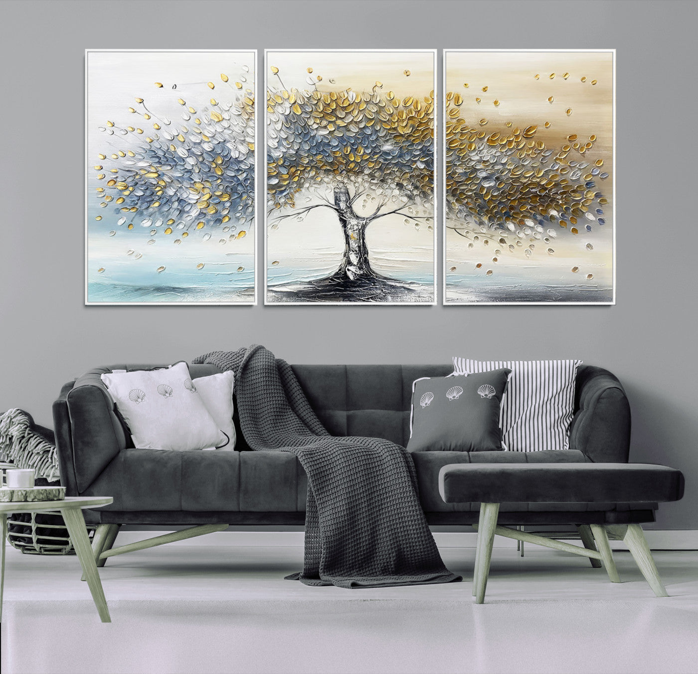 An elegant impasto painting featuring a tree with shimmering silver and gold leaves, blending soft pastels to create a calm and sophisticated atmosphere.