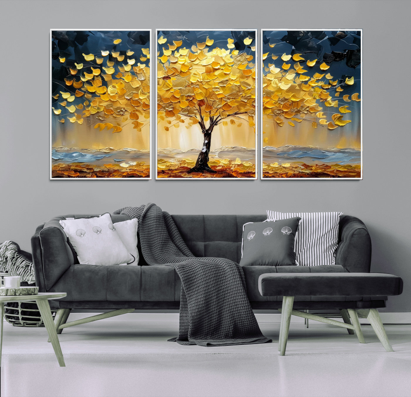 A stunning impasto painting captures the golden hues of autumn with a vibrant tree glowing against a dramatic blue and brown backdrop.