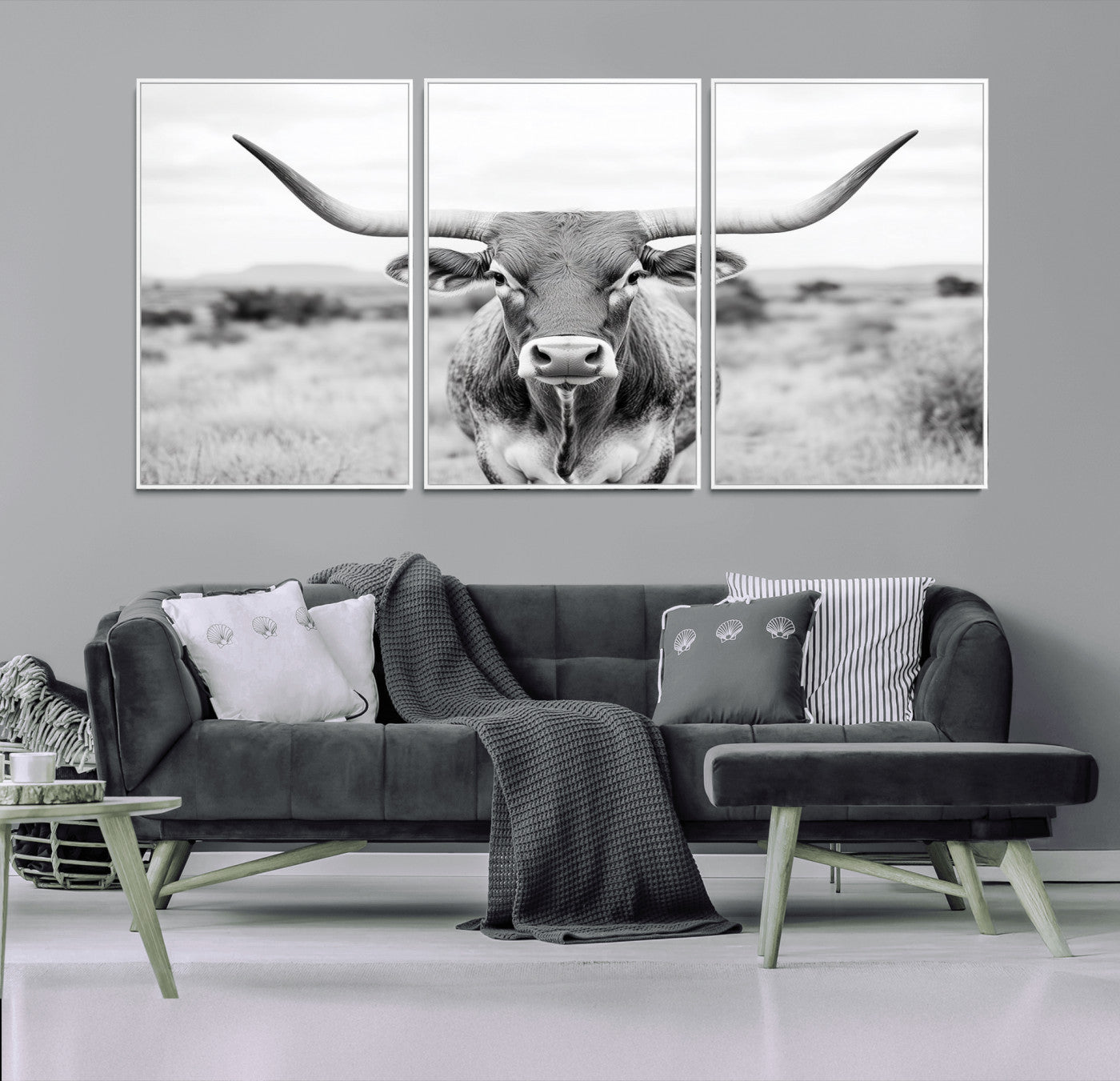 MGV-FC-60X30-3P - Highland Cow Wall Art Print - Black and White Texas Western Longhorn Canvas - Farmhouse Decor Print