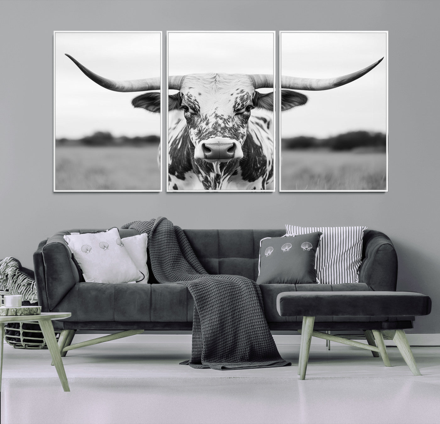 MGV-FC-60X30-3P - Highland Cow Wall Art - Black and White Western Longhorn Canvas Print - Farmhouse Living Room Decor