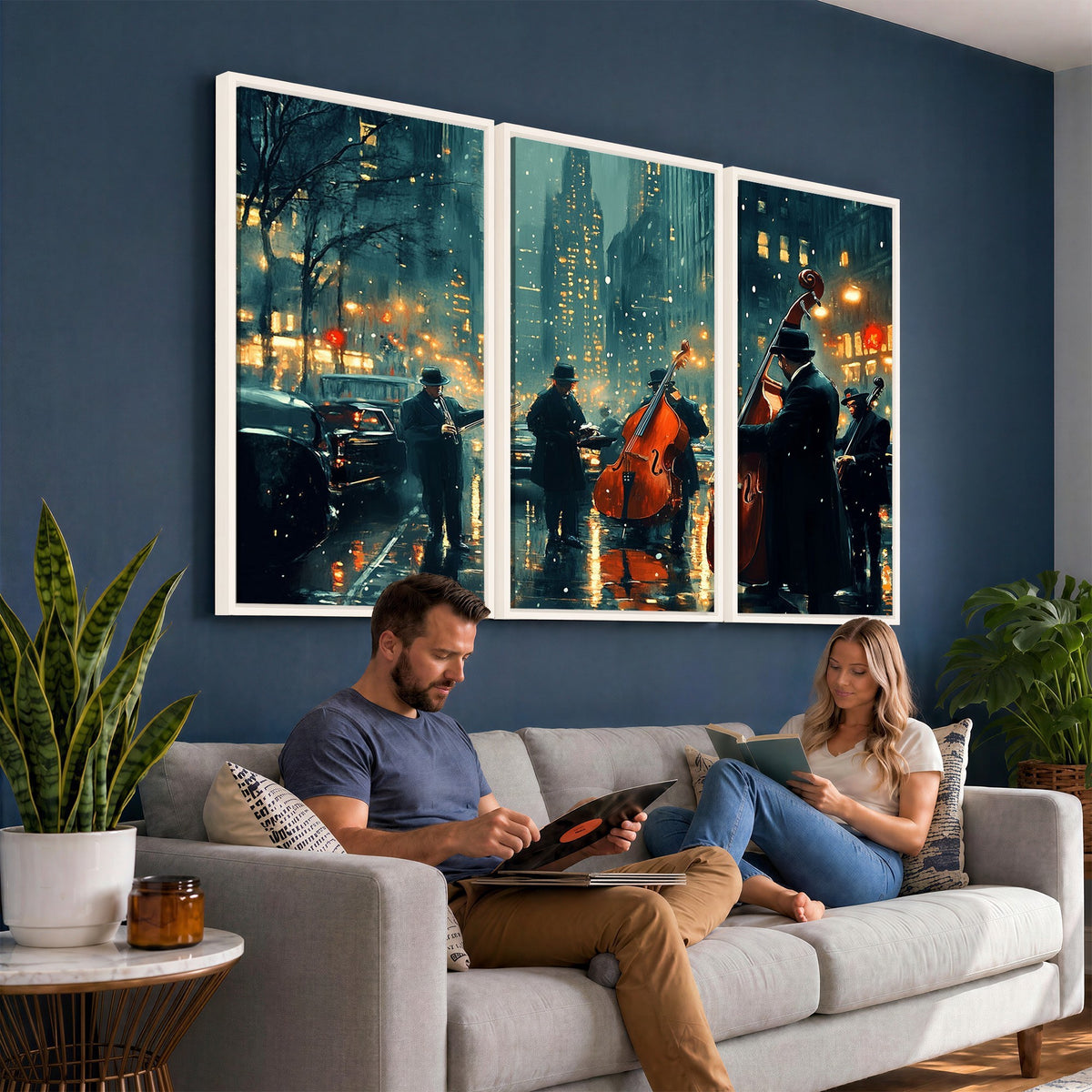 53391-MGV-CV-24X16 - Urban Night Jazz Wall Art Canvas Print | Moody Rain Soaked City Street Band Scene