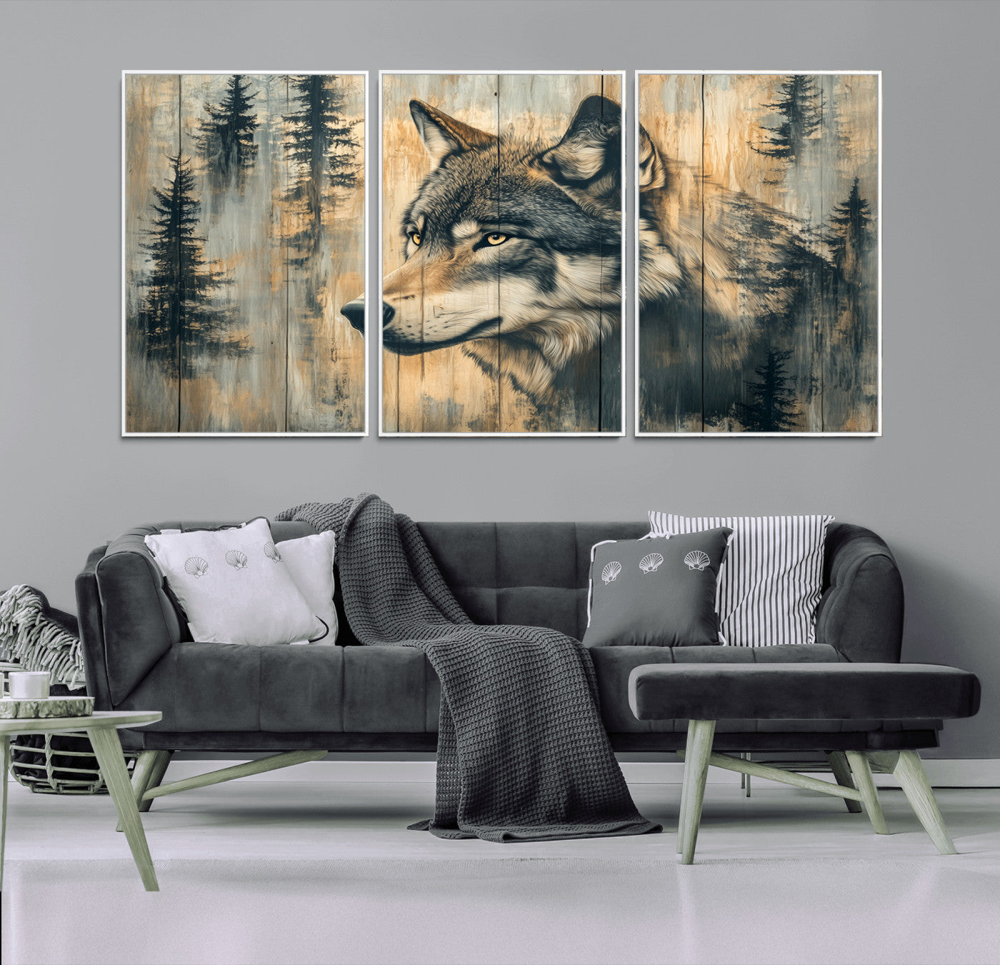 MGV-FC-60X30-3P - Wood Style Rustic Wolf Wall Art Canvas Print, Vintage Woodland Wolf Wall Art, Framed Wood Style Wolf