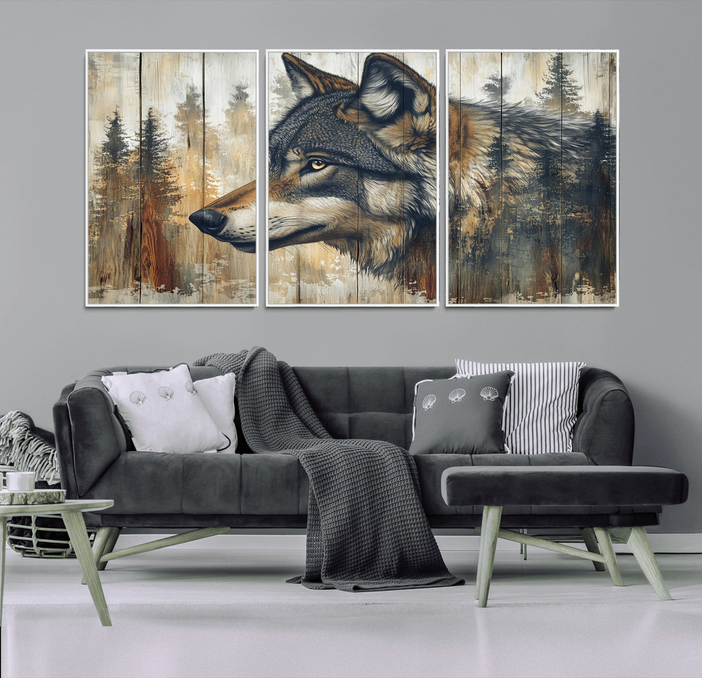 MGV-FC-60X30-3P - Rustic Wolf Wall Art Canvas Print, Vintage Woodland Wolf Wall Art
