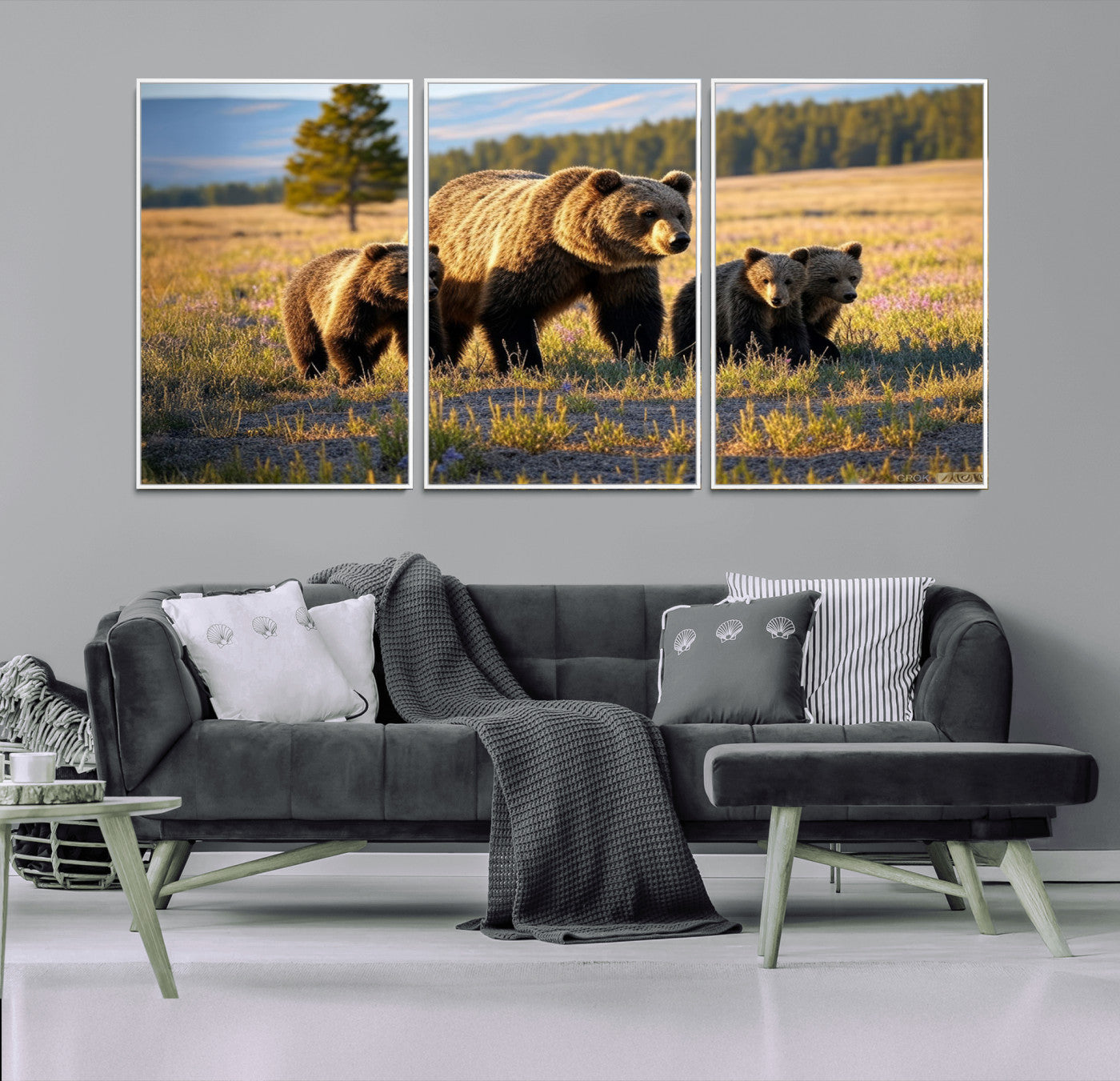 MGV-FC-60X30-3P - Grizzly 399 in Wild Flowers Wall Art Canvas Print, Grizzly Bears Wall Art, Queen of Grand Teton