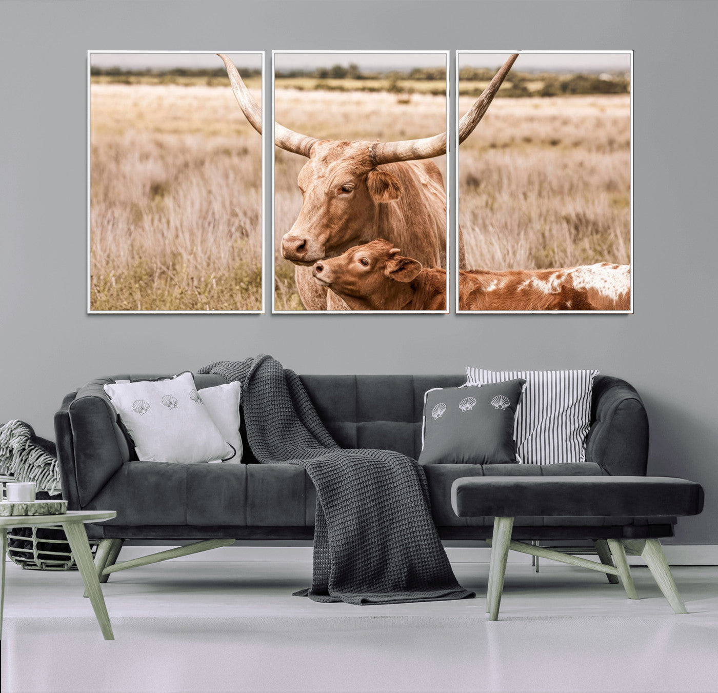 MGV-FC-60X30-3P - Texas Longhorn Cow Wall Art Canvas Print for Farmhouse Wall Art, Texas Decor, Western Wall Art Print