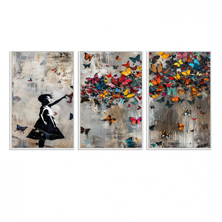 The Banksy Butterfly Girl 3-Piece Modern Graffiti Canvas Wall Art features a silhouette of a girl reaching for butterflies.