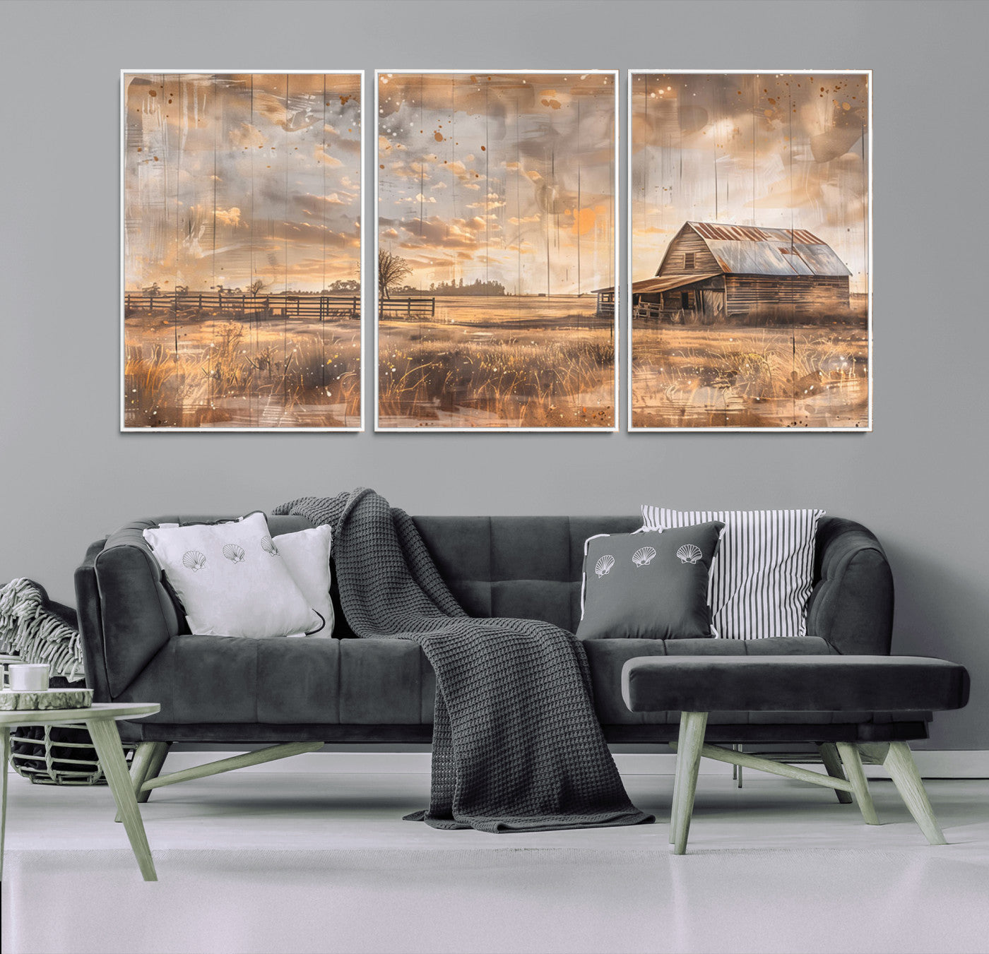 MGV-FC-60X30-3P - Rustic Farmhouse Wall Art Canvas Print | Barn and Field Canvas Print | Vintage Country Landscape