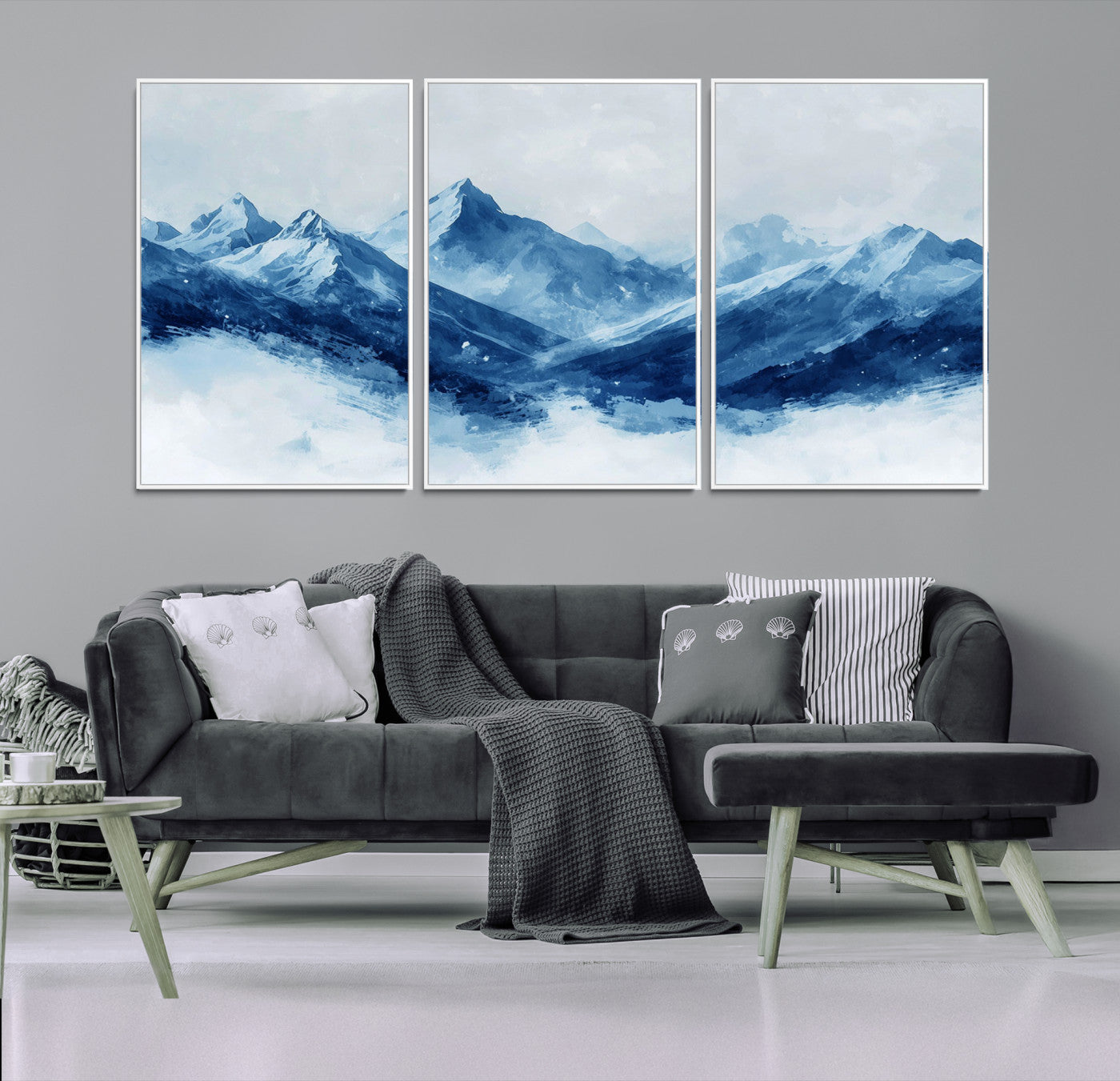Peaceful watercolor-style painting of snowy blue mountains in soft tones, perfect for winter-themed or minimalist wall decor.