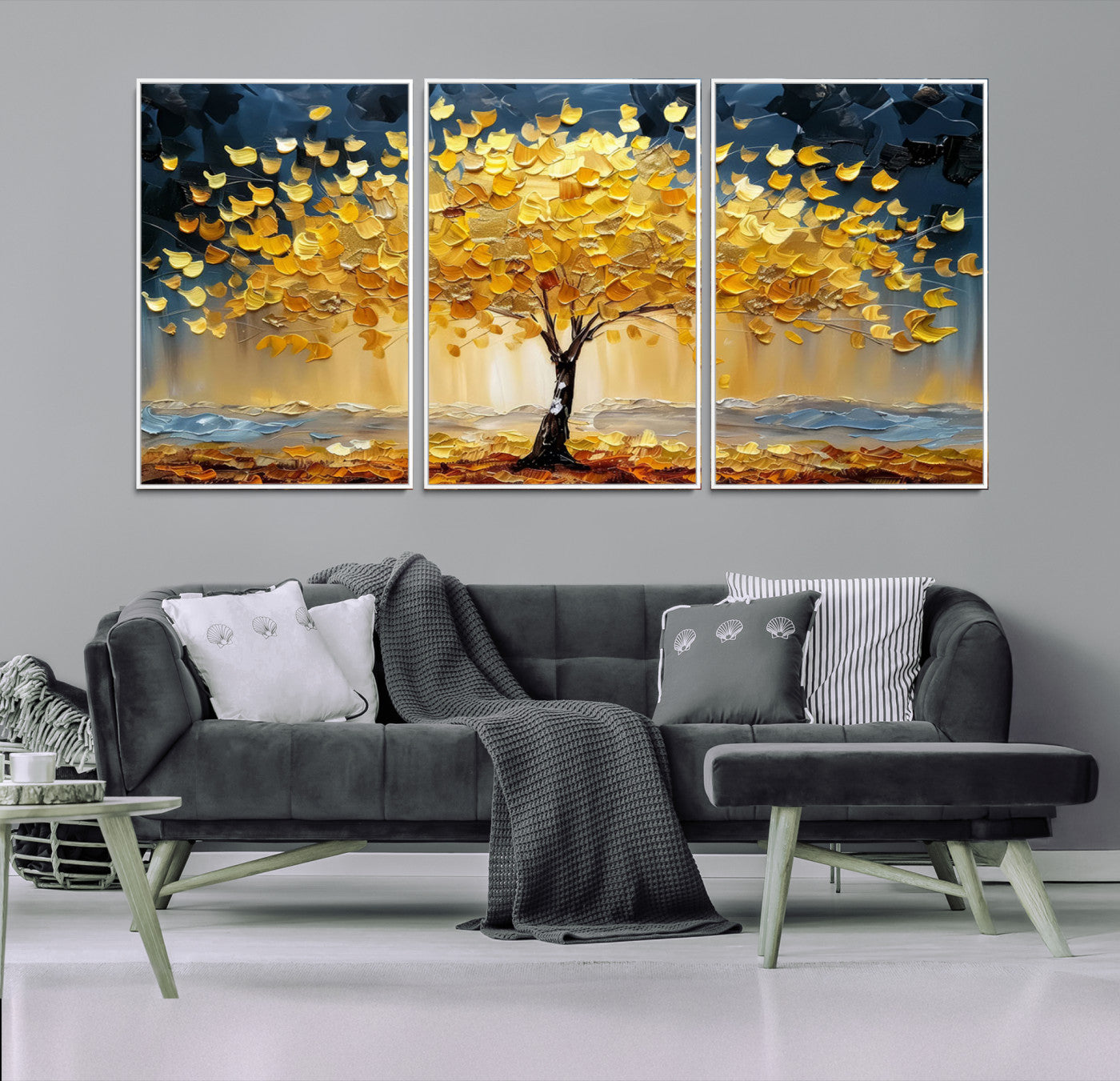 Canvas of a golden autumn tree with textured brushstrokes and moody blue skies, perfect for dramatic and vibrant home decor.