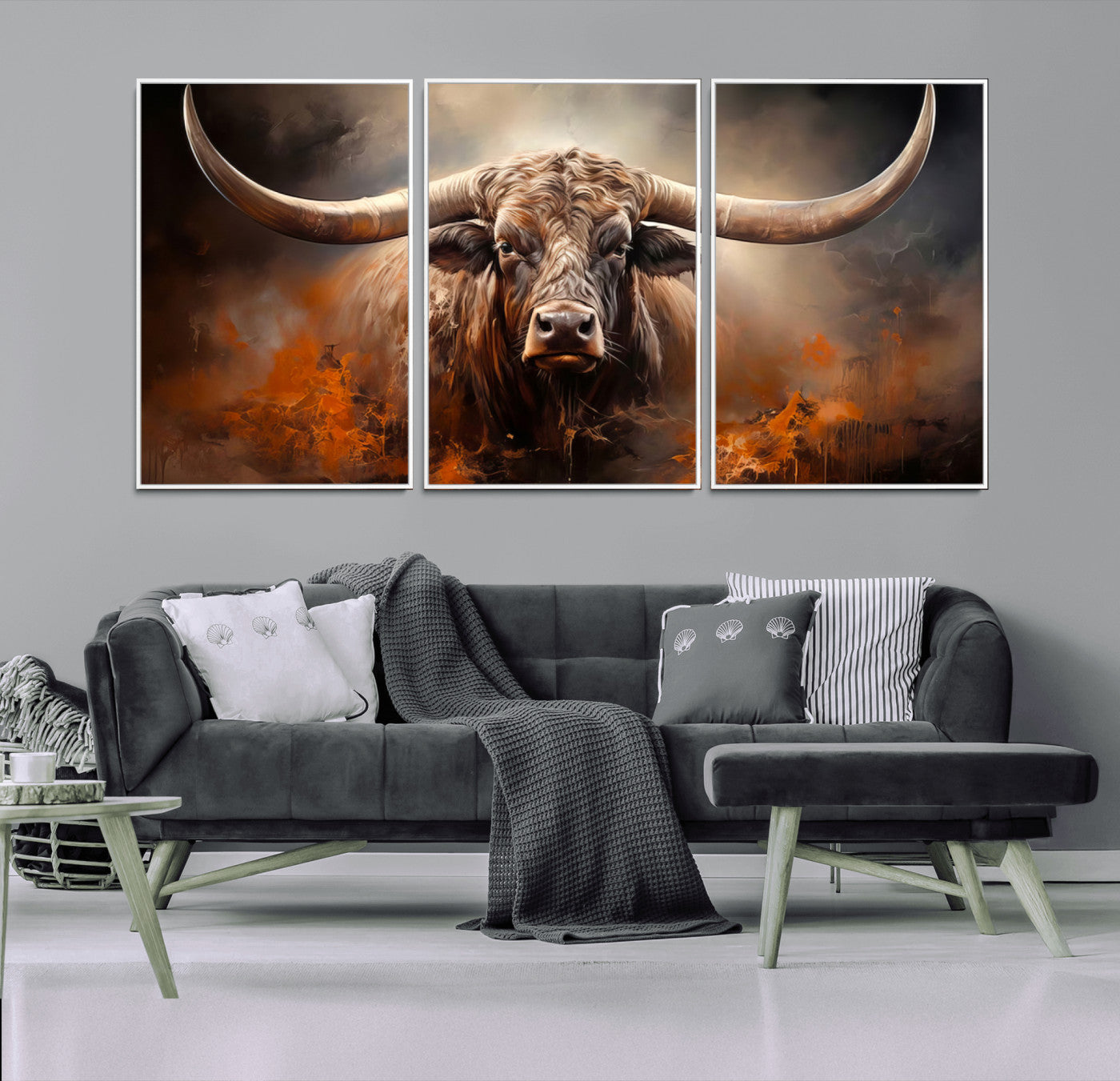 MGV-FC-60X30-3P - Highland Bull Canvas Abstract Canvas Wall Art Print – Powerful Highland Bull with Striking Horns in