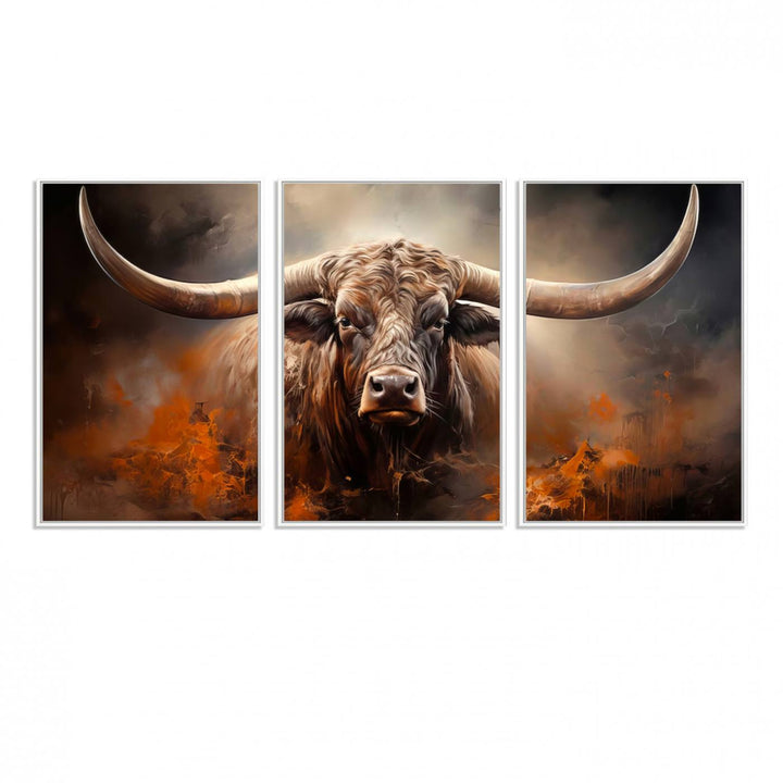 A Highland Bull with striking horns is depicted in a fiery abstract style on a ready-to-hang wall art canvas, evoking strength.