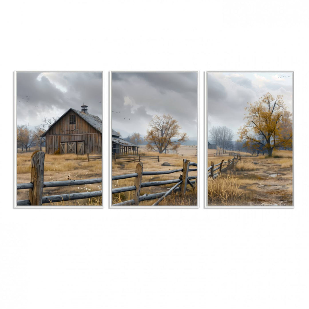 Rustic Autumn Farmhouse Wall Art – Weathered Barn & Trees Canvas Print, featuring a serene scene with birds in the sky. This piece is ready to hang.