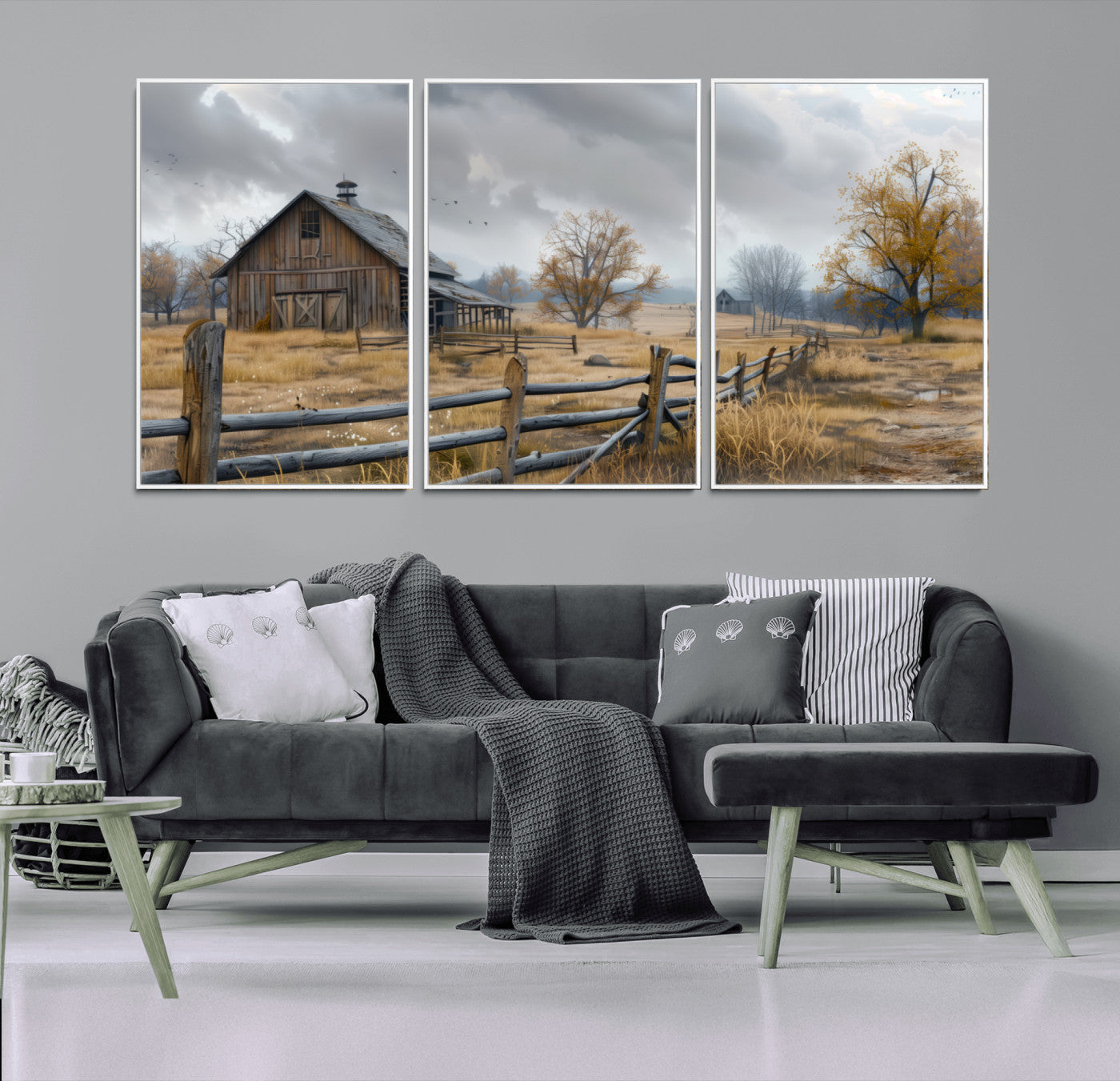 MGV-FC-60X30-3P - Rustic Autumn Farmhouse Wall Art Canvas Print – Serene Countryside Scene with Weathered Barn and