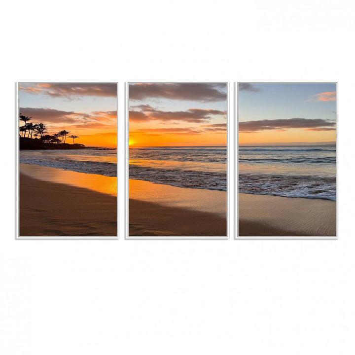 Sunset Wall Art Print featuring a beach sunset with waves and palms, perfect for coastal decor.