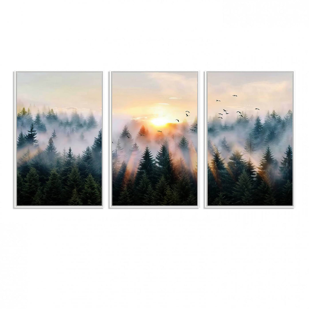 Sunrise over a misty forest with rays filtering through trees in the Abstract Forest Wall Art featuring soaring birds.
